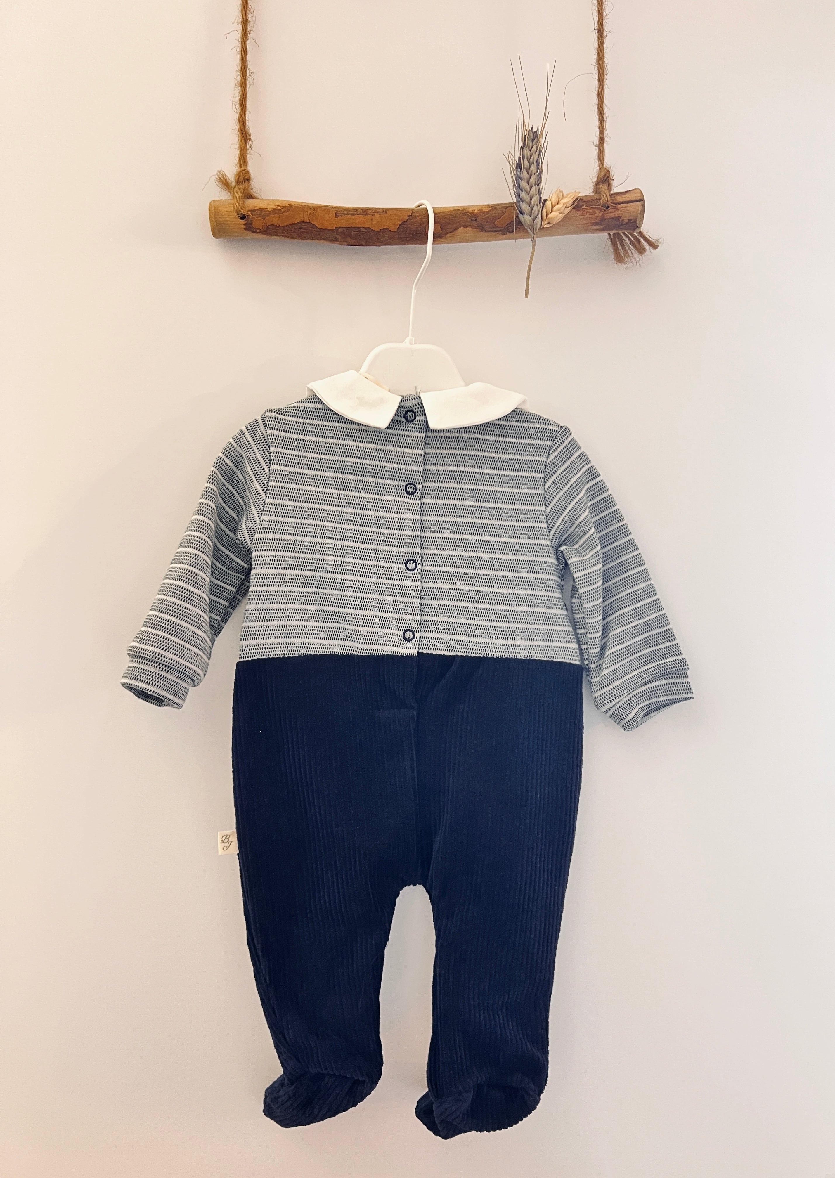 Navy & Gray Polo Velvet Footed Overall