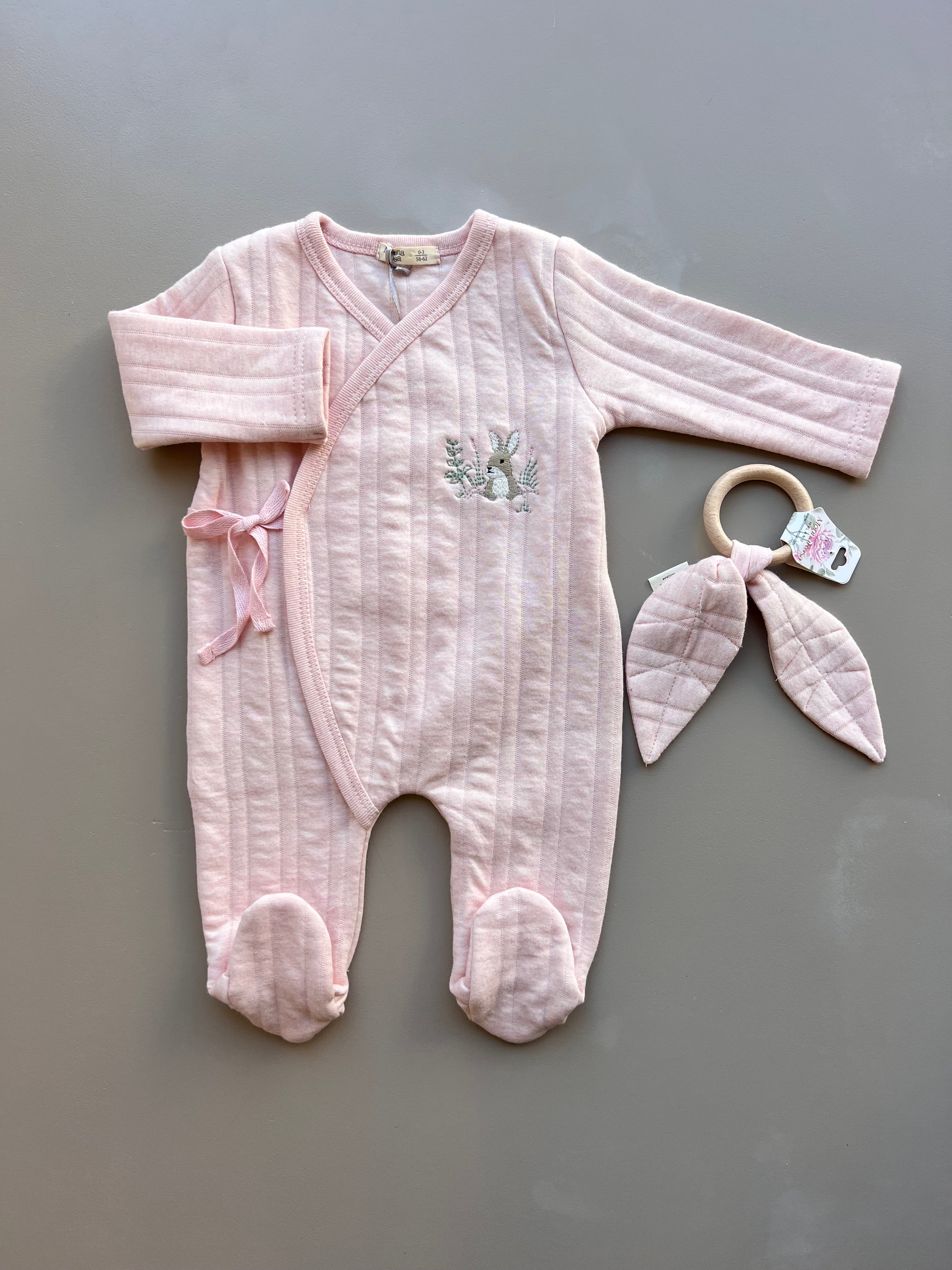 Cotton Long Sleeves Overall With Wooden Ring Teether