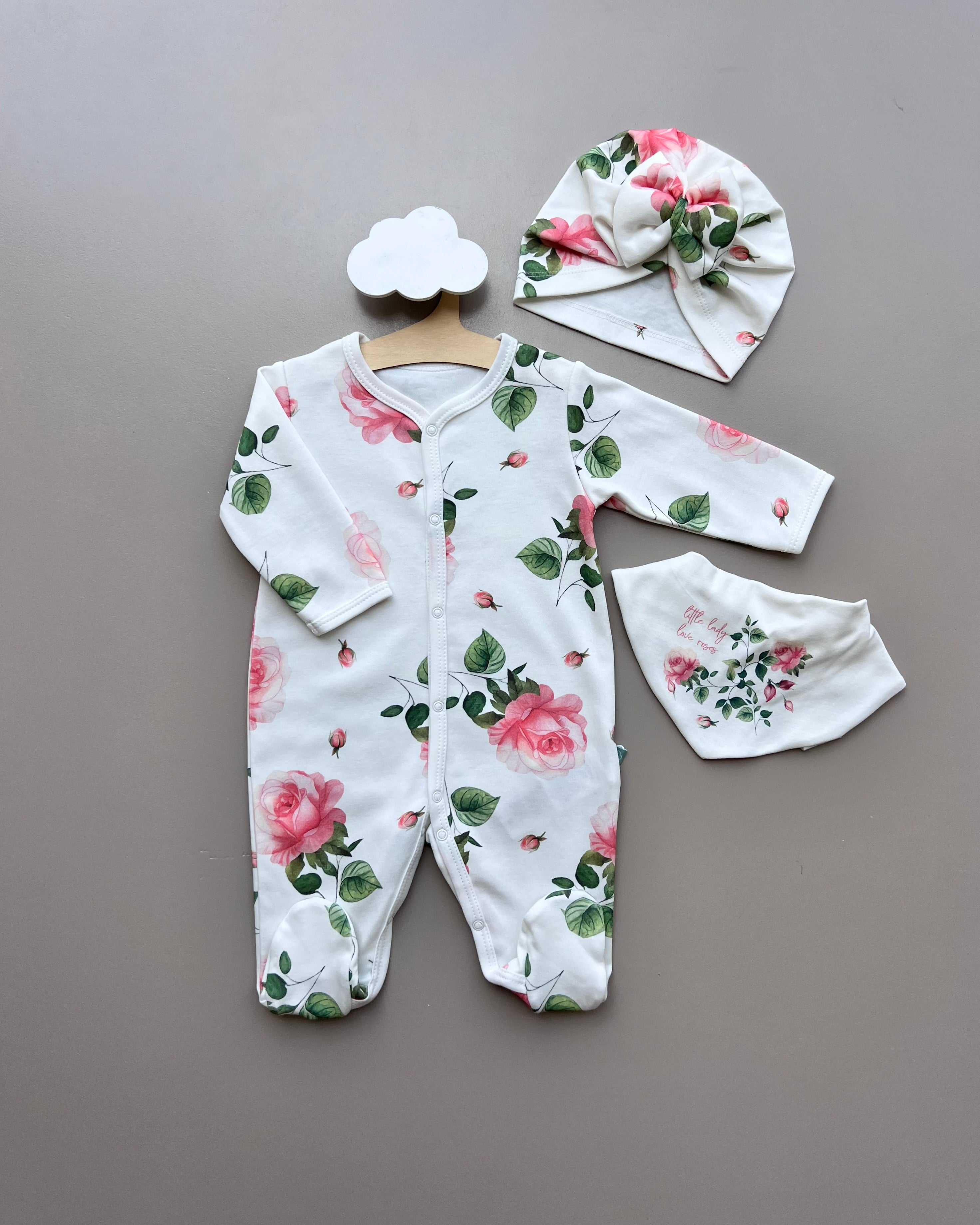 White & Pink GOTS™ Certified Organic Cotton Rose Long Sleeves Overall 3Pcs