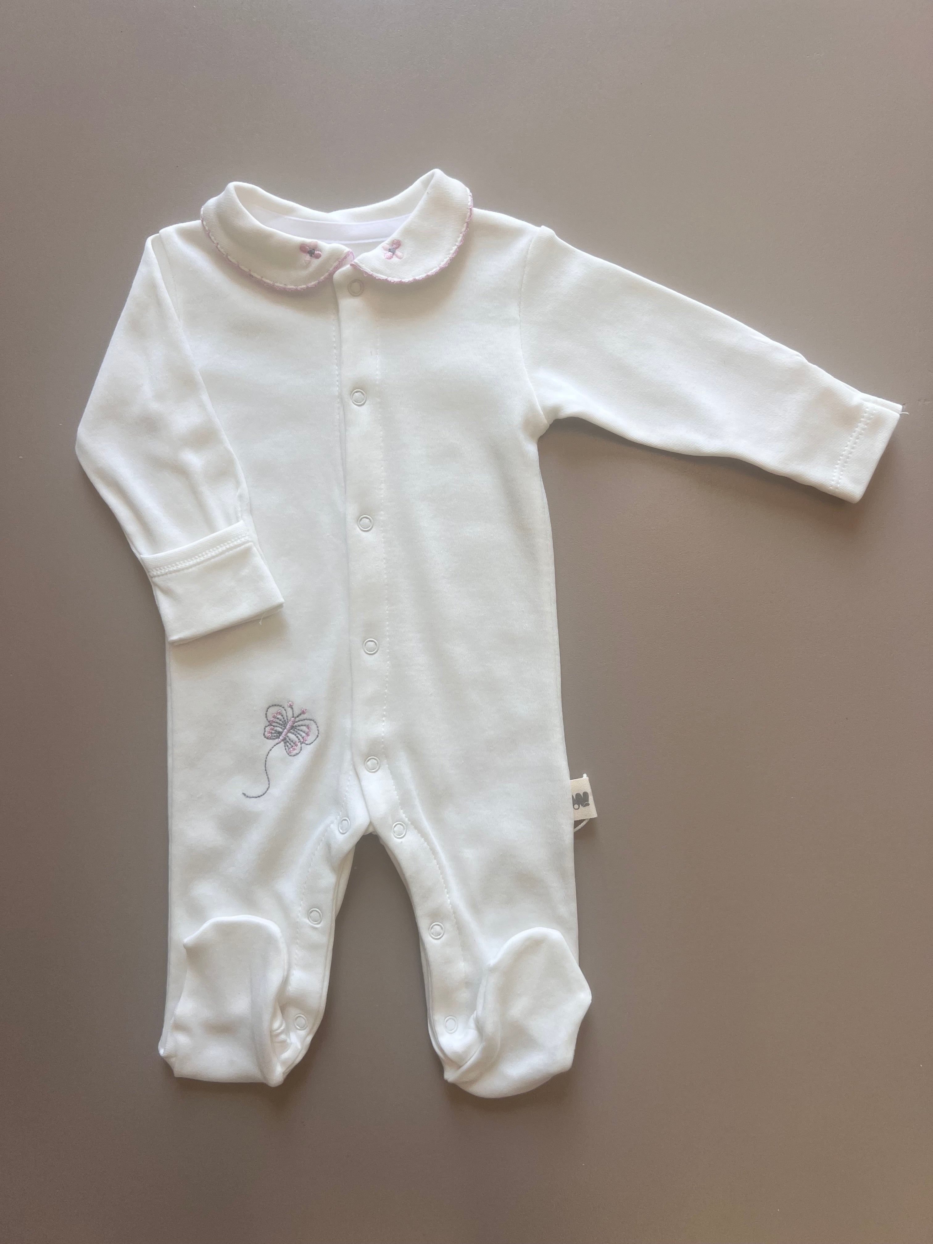 Off-White Long Sleeve & Pink Collar Footed Overall