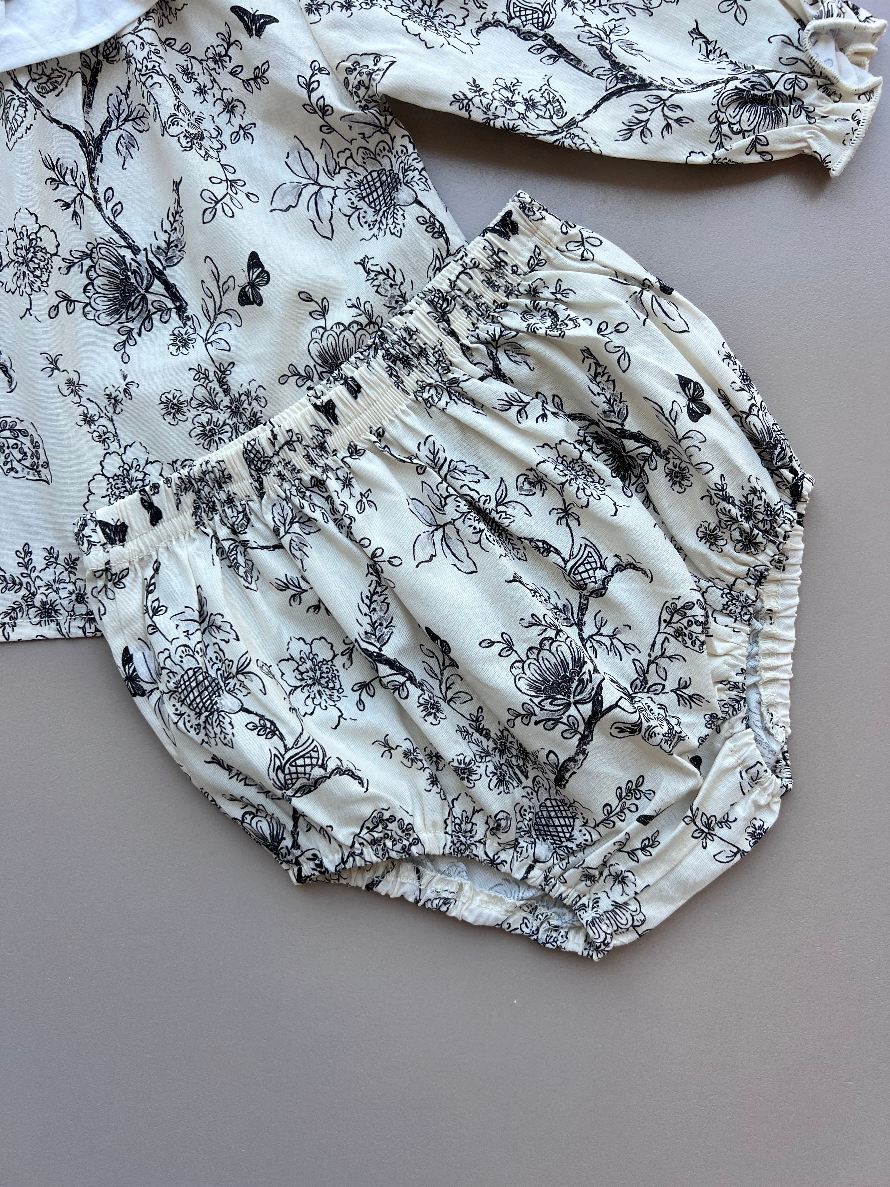 Ecru and Black Vintage Shirt 2pcs Set