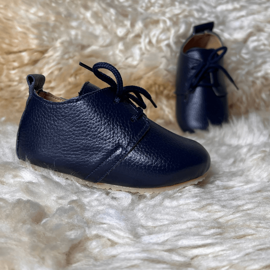Navy Blue Genuine Leather Baby Shoes - La Farandole Paris