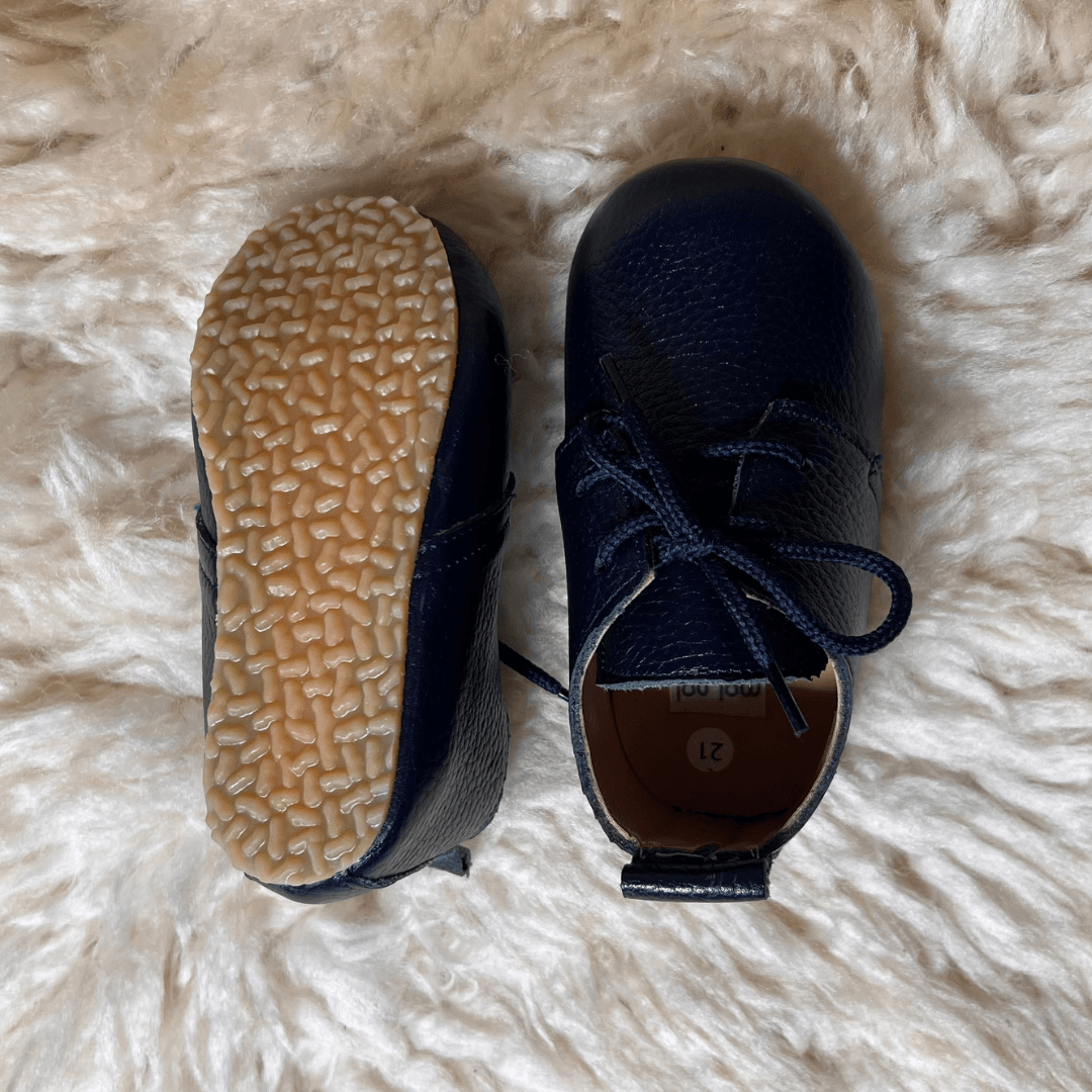 Navy Blue Genuine Leather Baby Shoes - La Farandole Paris