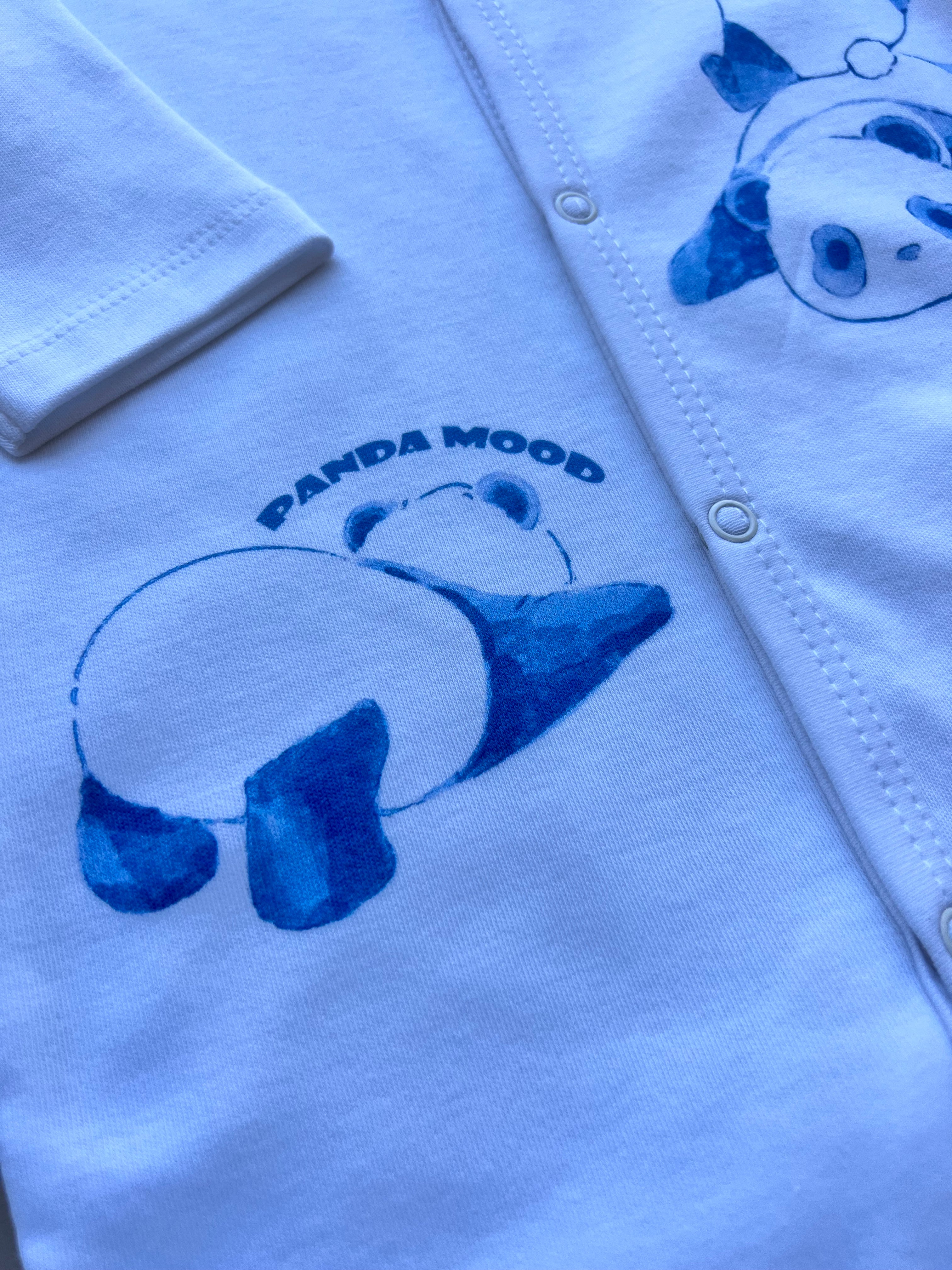 White & Blue GOTS™ Certified Organic Cotton Panda Long Sleeves Overall