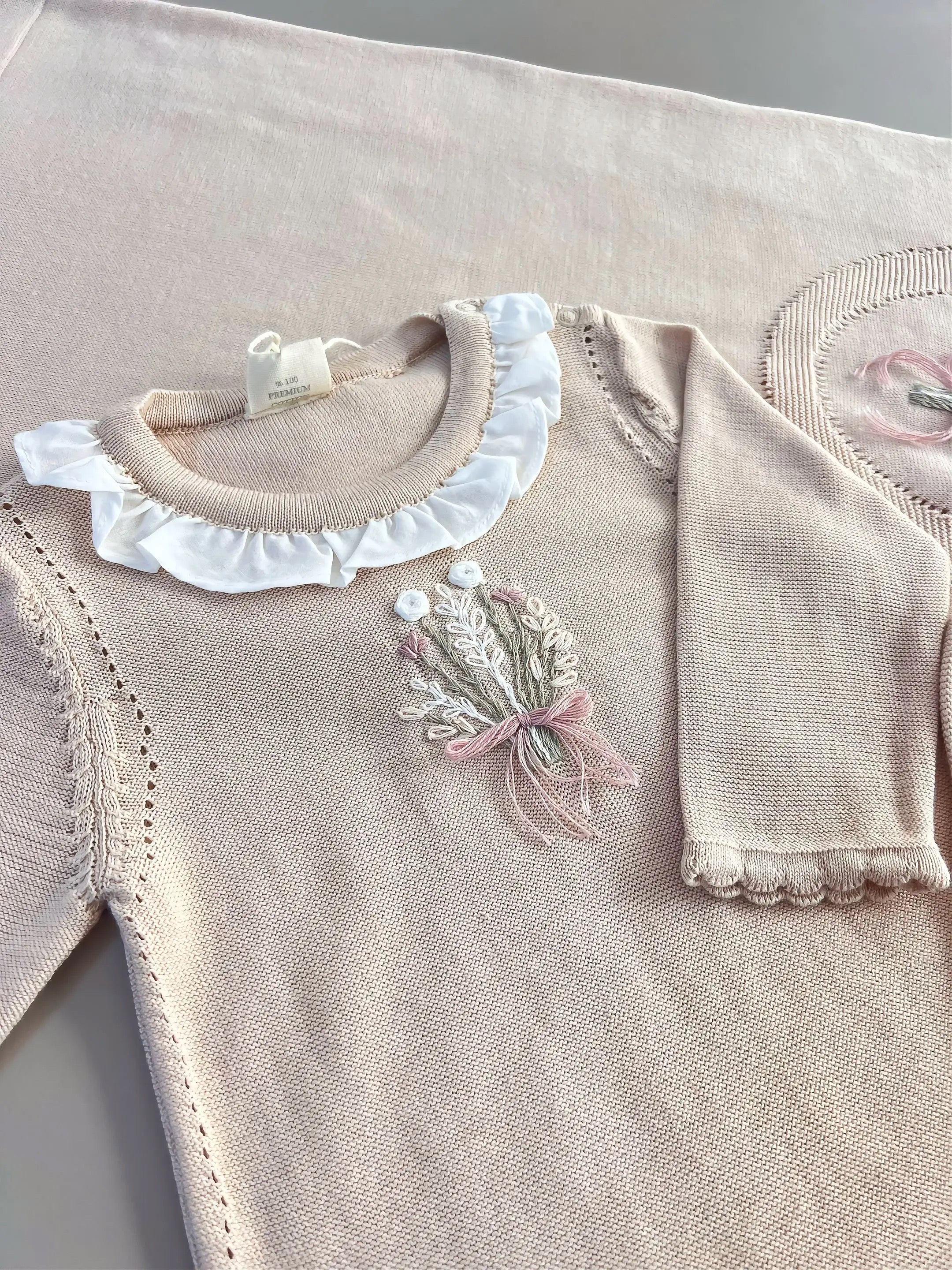 EAC Organic cotton Beige Flower embroidered Hospital Set 3 Pcs
