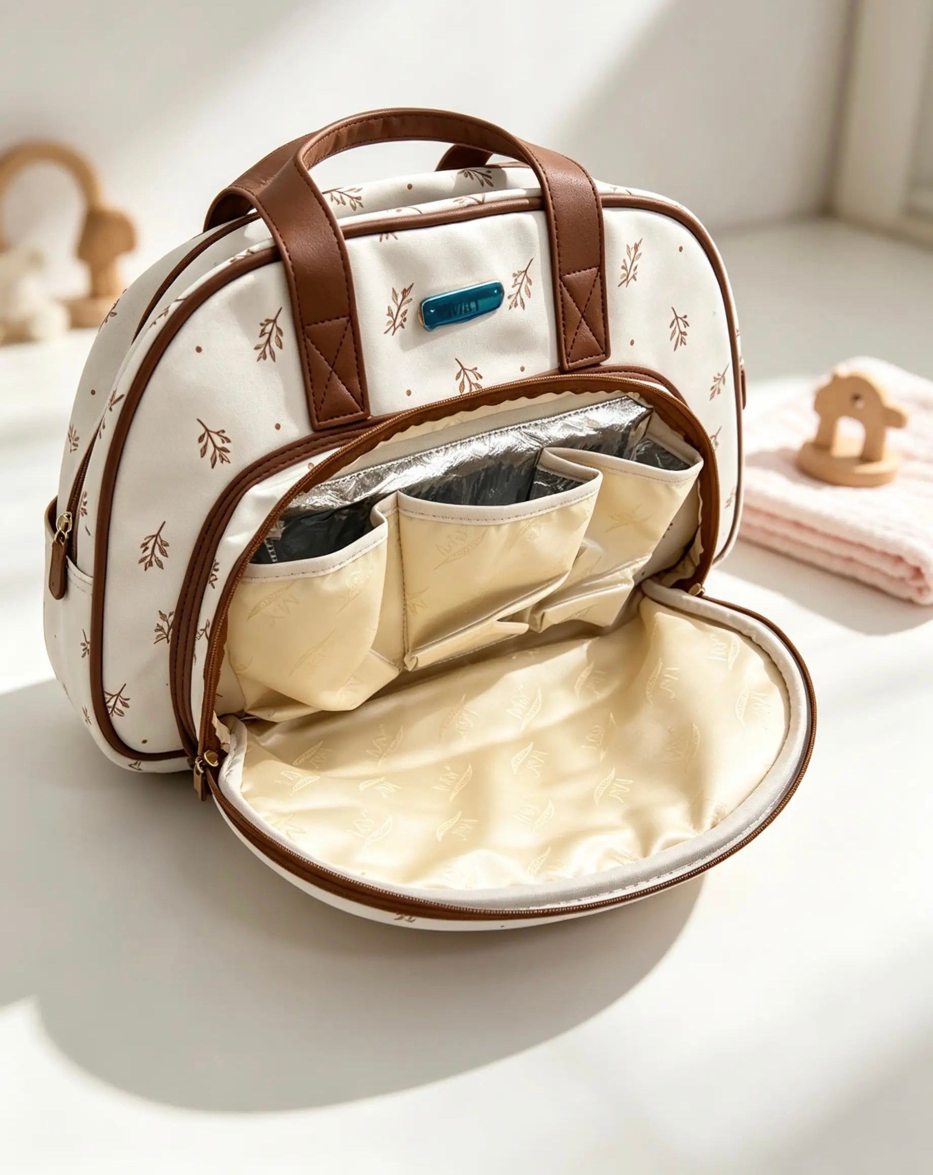 Flowers Beige Leather Diaper Bag