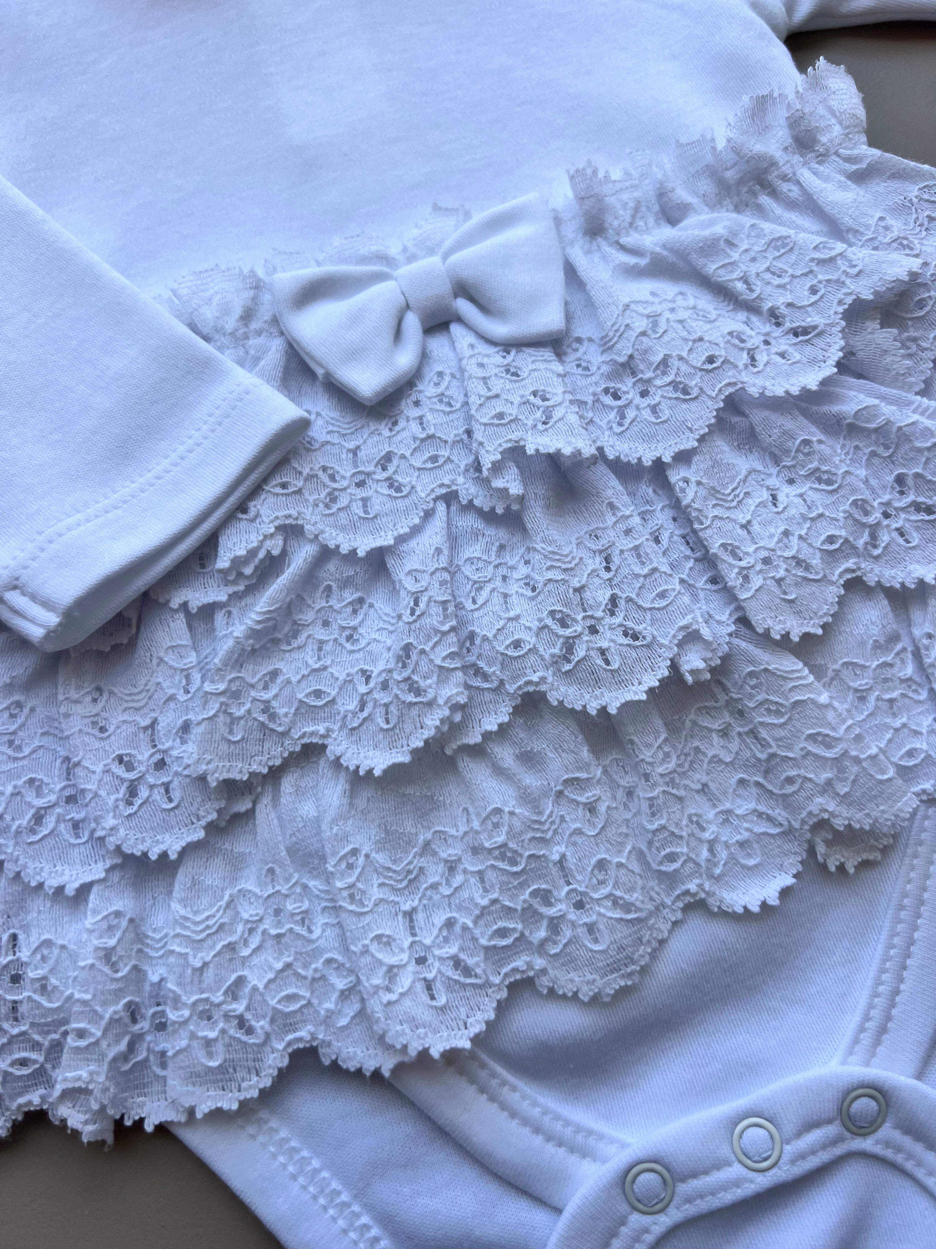 White GOTS™ Certified Organic Cotton Ruffles Long Sleeves Dress