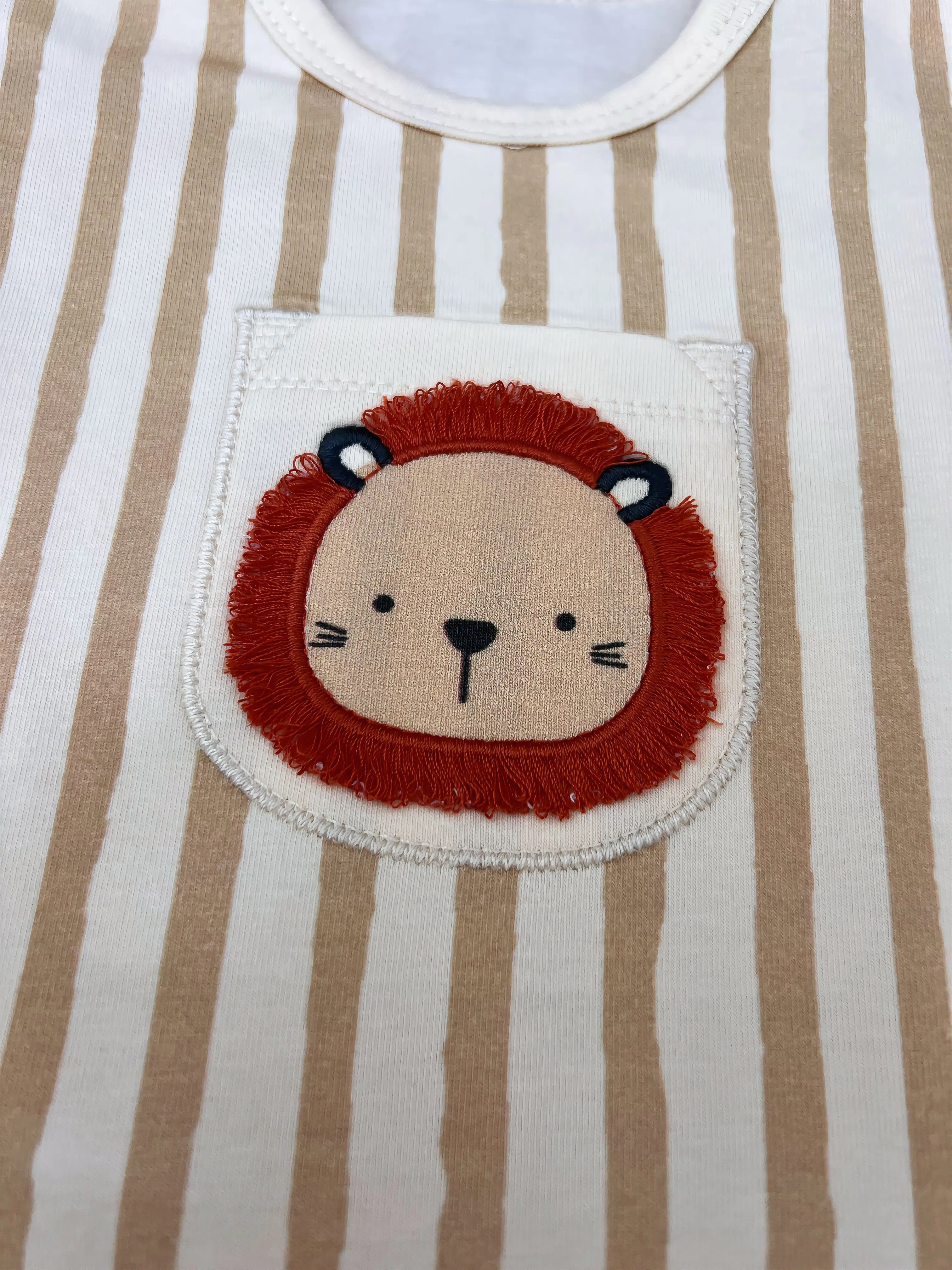 Beige Lion Stripped GOTS™ Certified Organic Cotton Romper