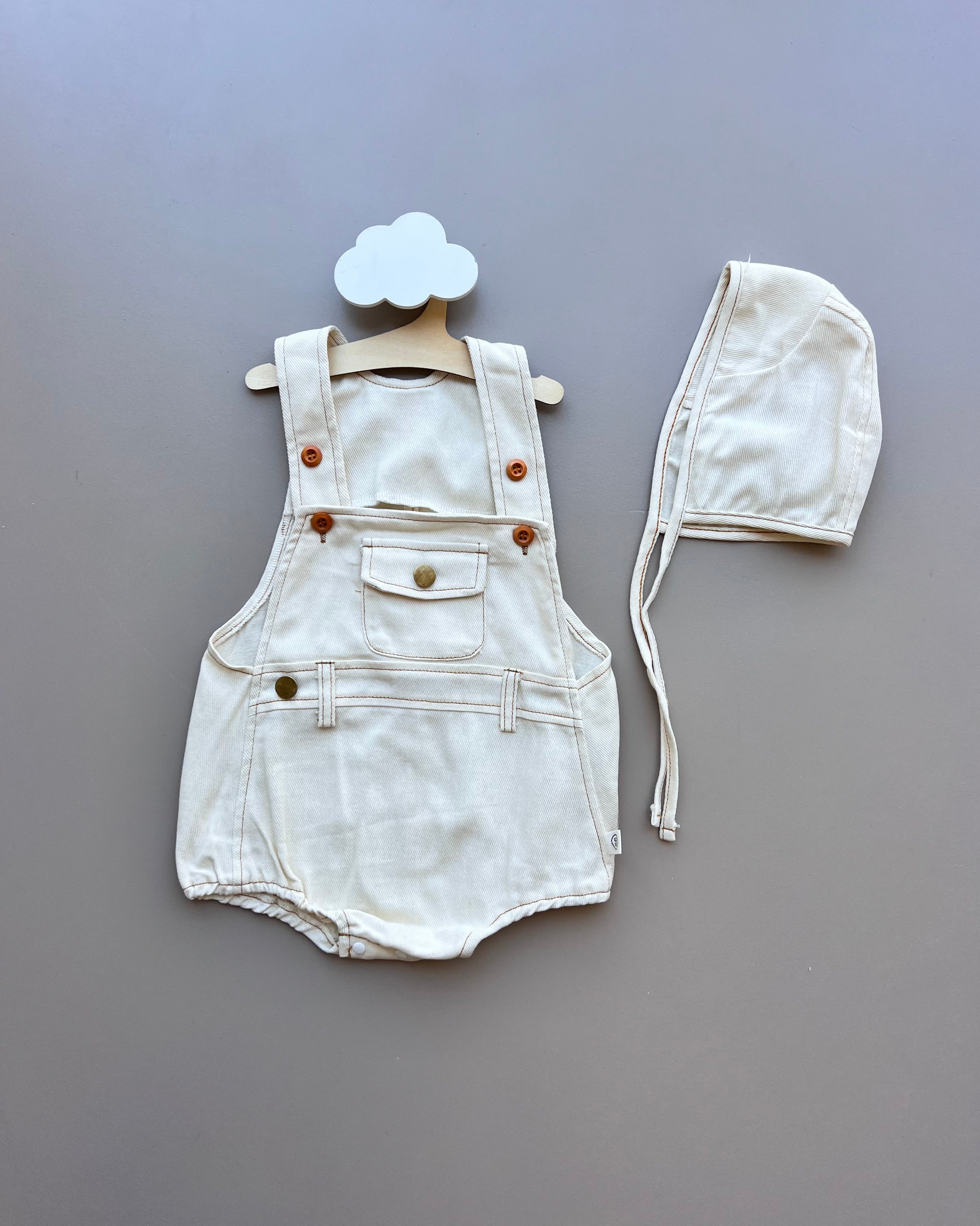 Ecru/Brown Contrast Salopettes with Hat 2Pcs Set