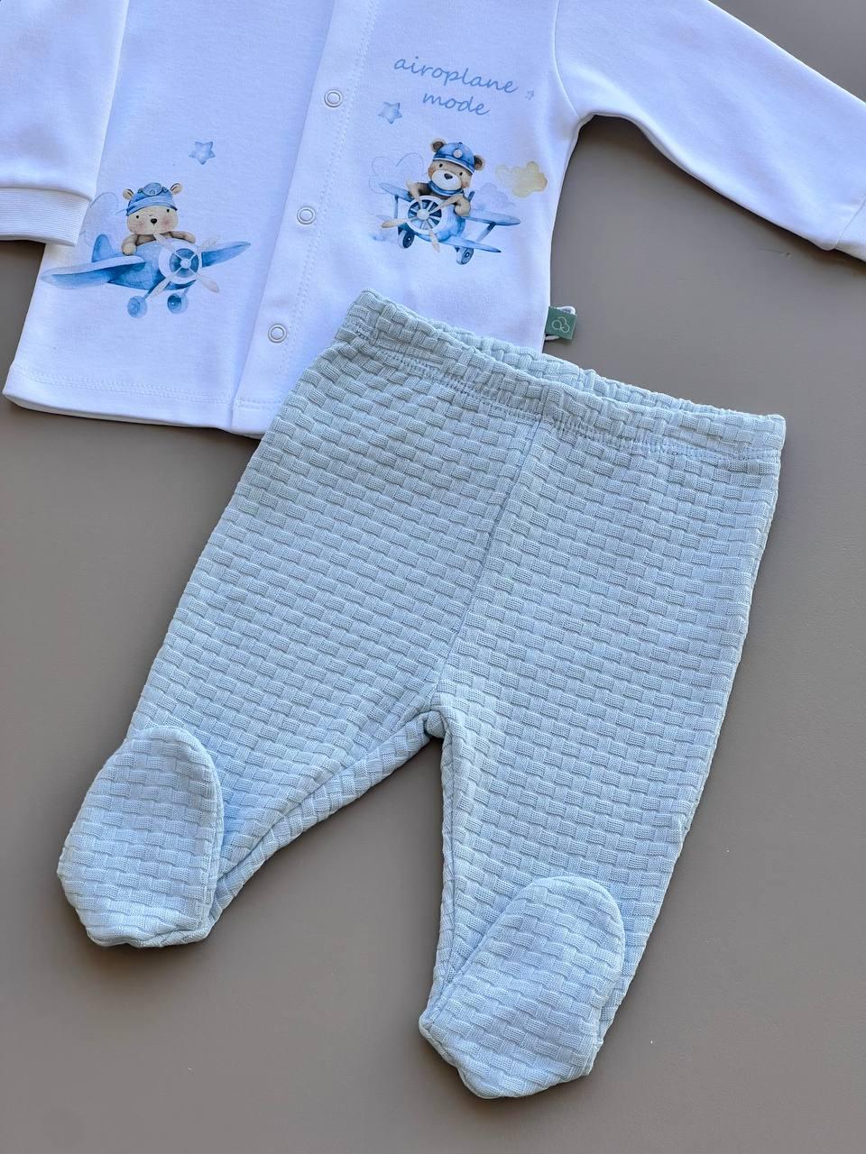 White And Blue Organic Cotton Set 2 Pcs Plane/bear - La Farandole Paris