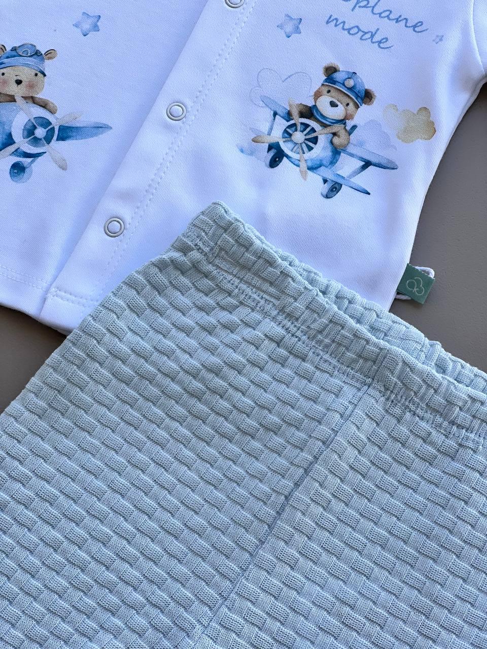 White And Blue Organic Cotton Set 2 Pcs Plane/bear - La Farandole Paris