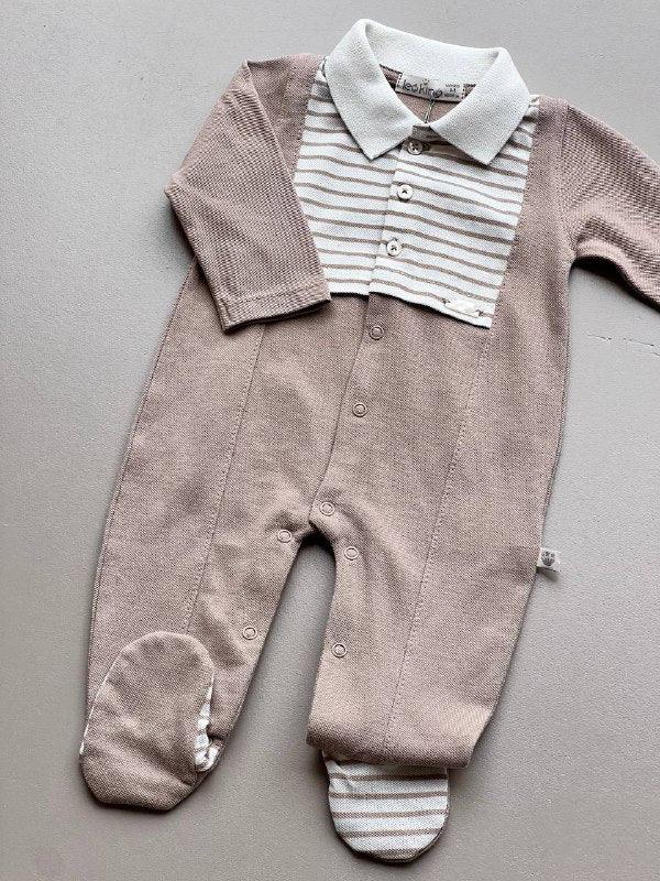 Light Brown/White Organic Cotton Polo Footed Overall - La Farandole Paris