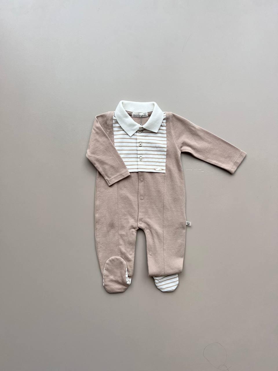 Light Brown/White Organic Cotton Polo Footed Overall - La Farandole Paris