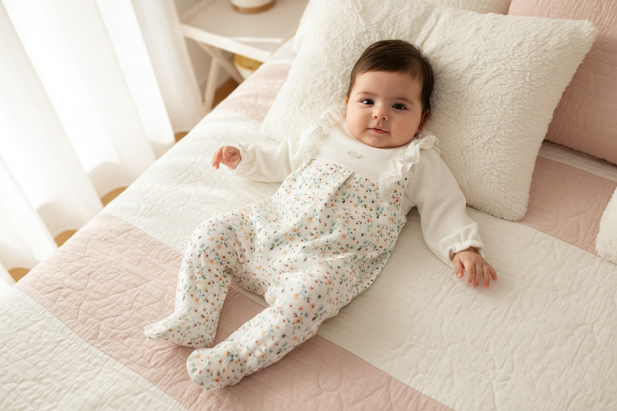 White & Flower Velvet Footed Overall