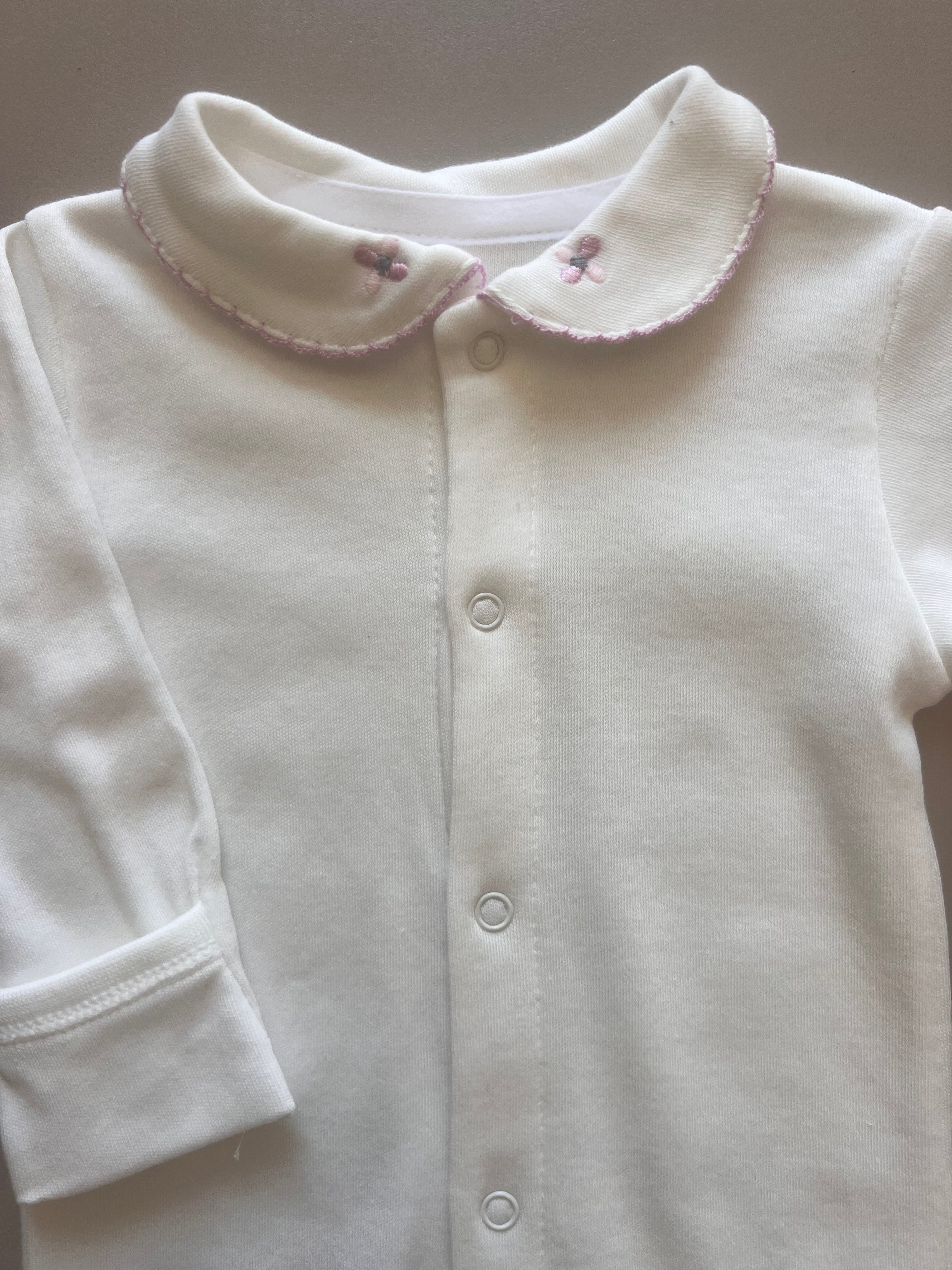 Off-White Long Sleeve & Pink Collar Footed Overall