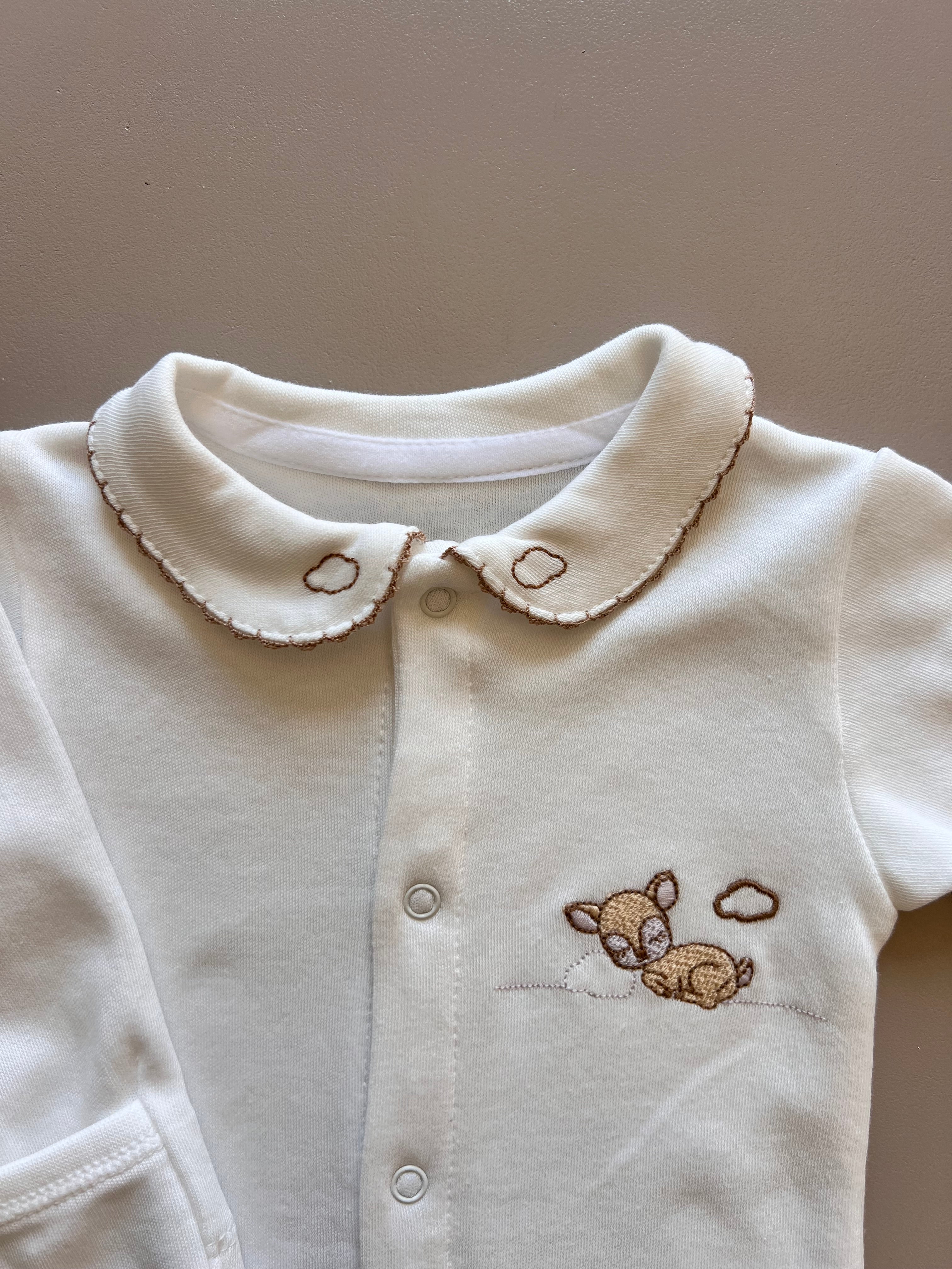 Off-White Long Sleeve & Brown Collar Footed Overall