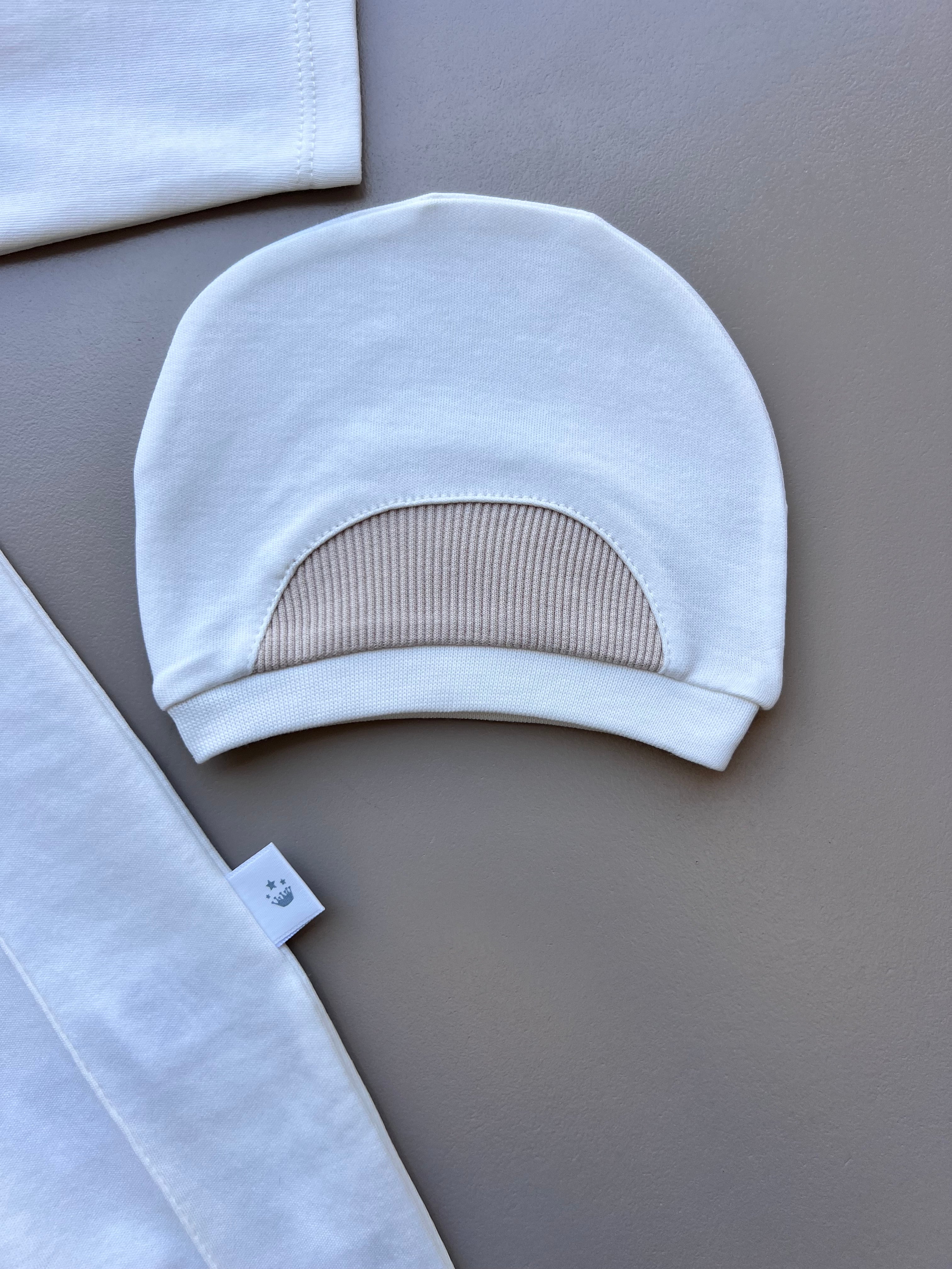 White & Beige Cravatte Organic Cotton 2 Pcs Overall With Hat