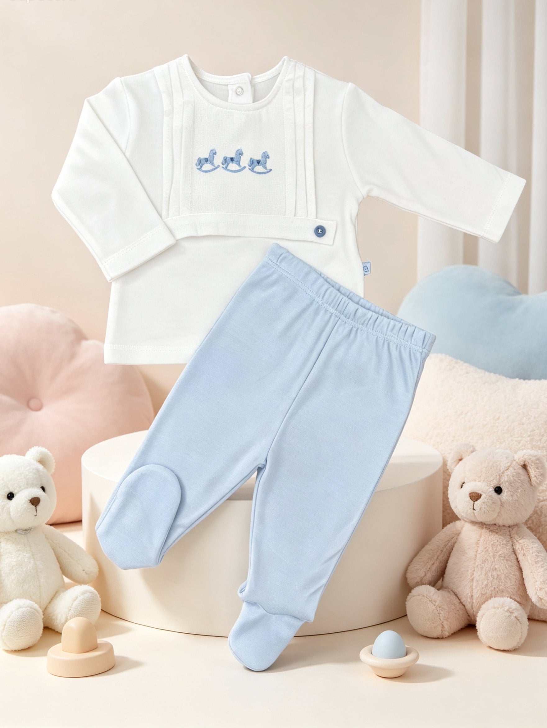 White & Blue Horse GOTS™ Certified Organic Cotton Pyjama 2 Pcs Set