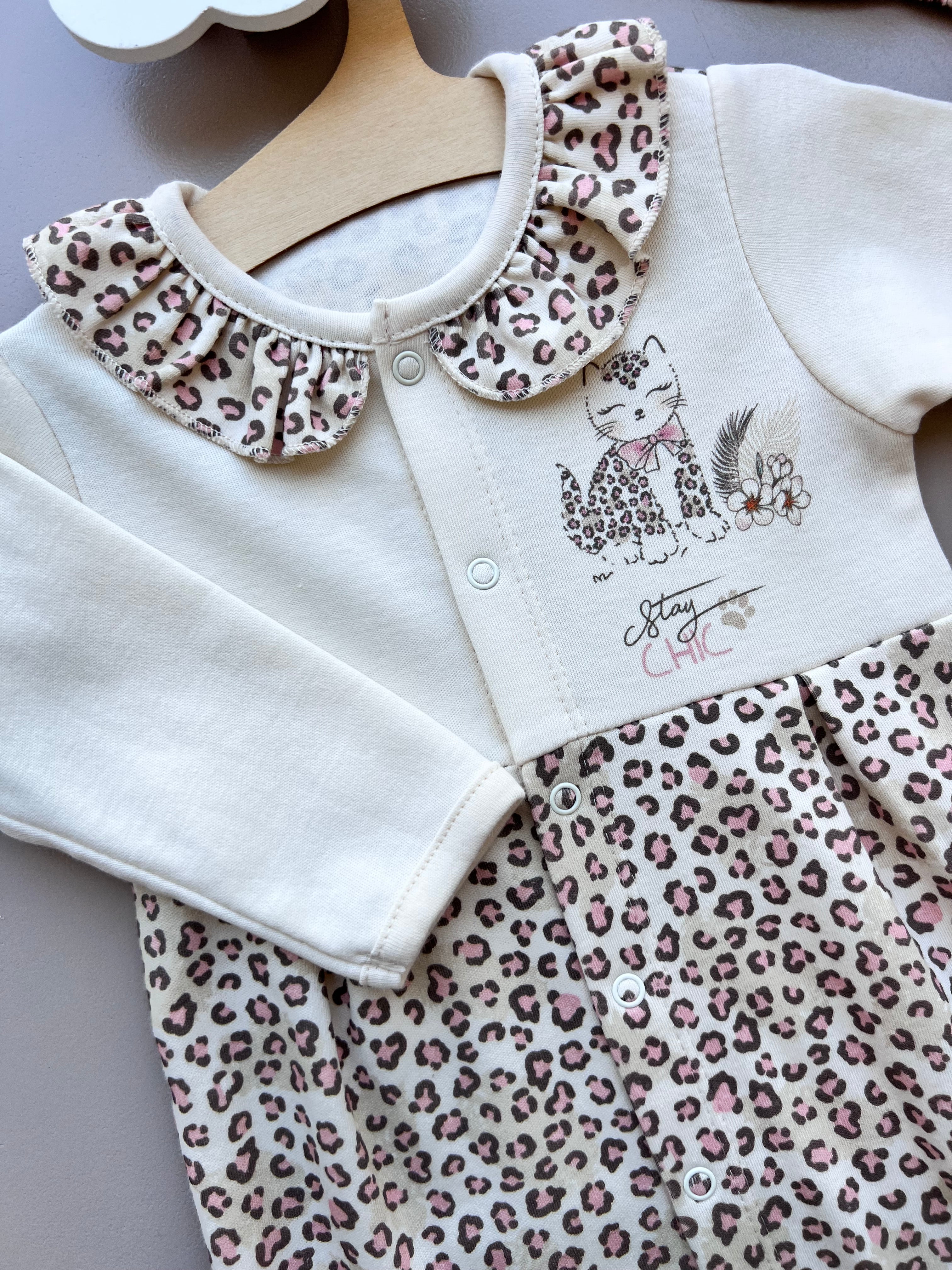 Beige & Pink GOTS™ Certified Organic Cotton Leopard Long Sleeves Overall 2Pcs