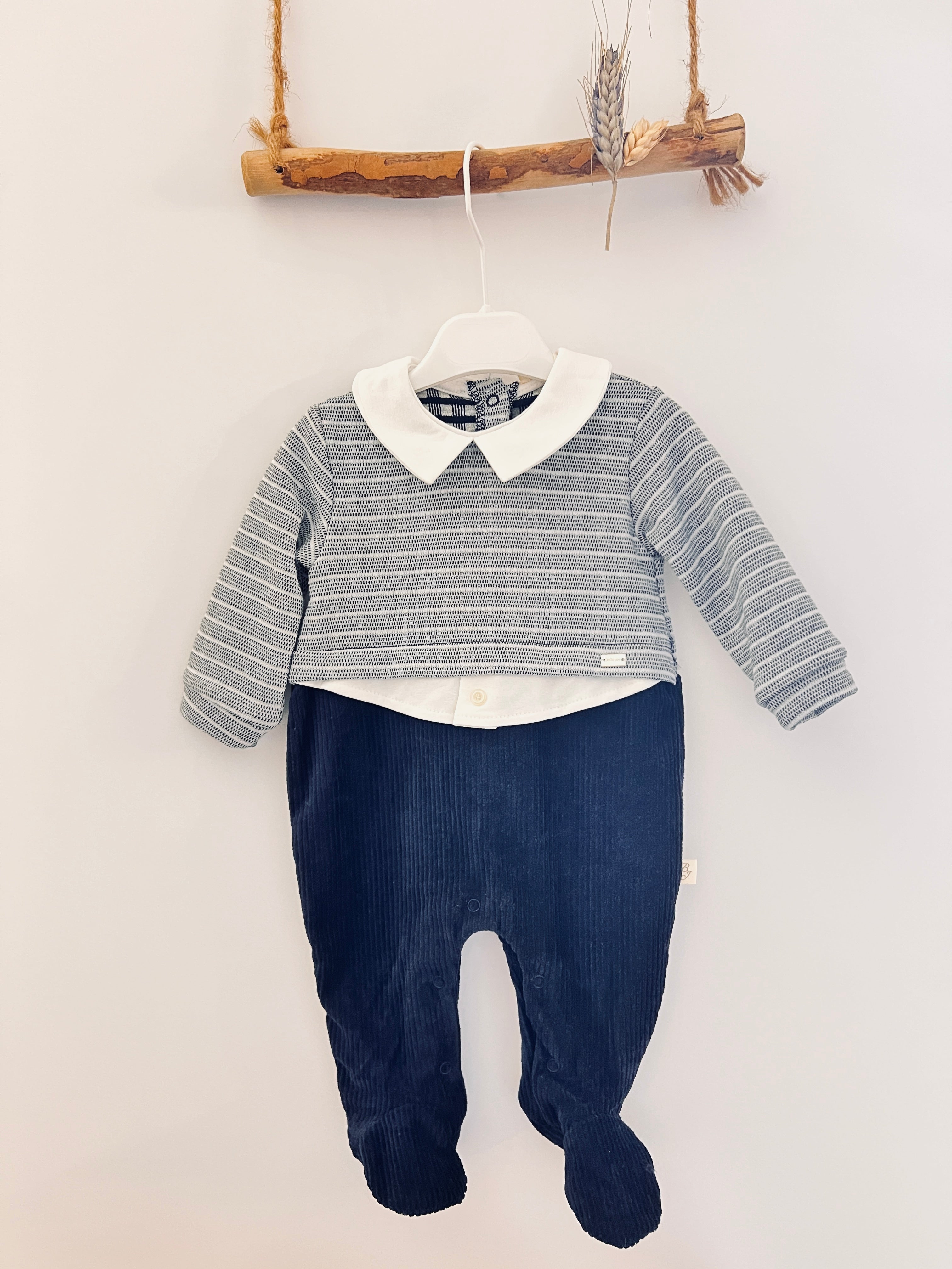 Navy & Gray Polo Velvet Footed Overall