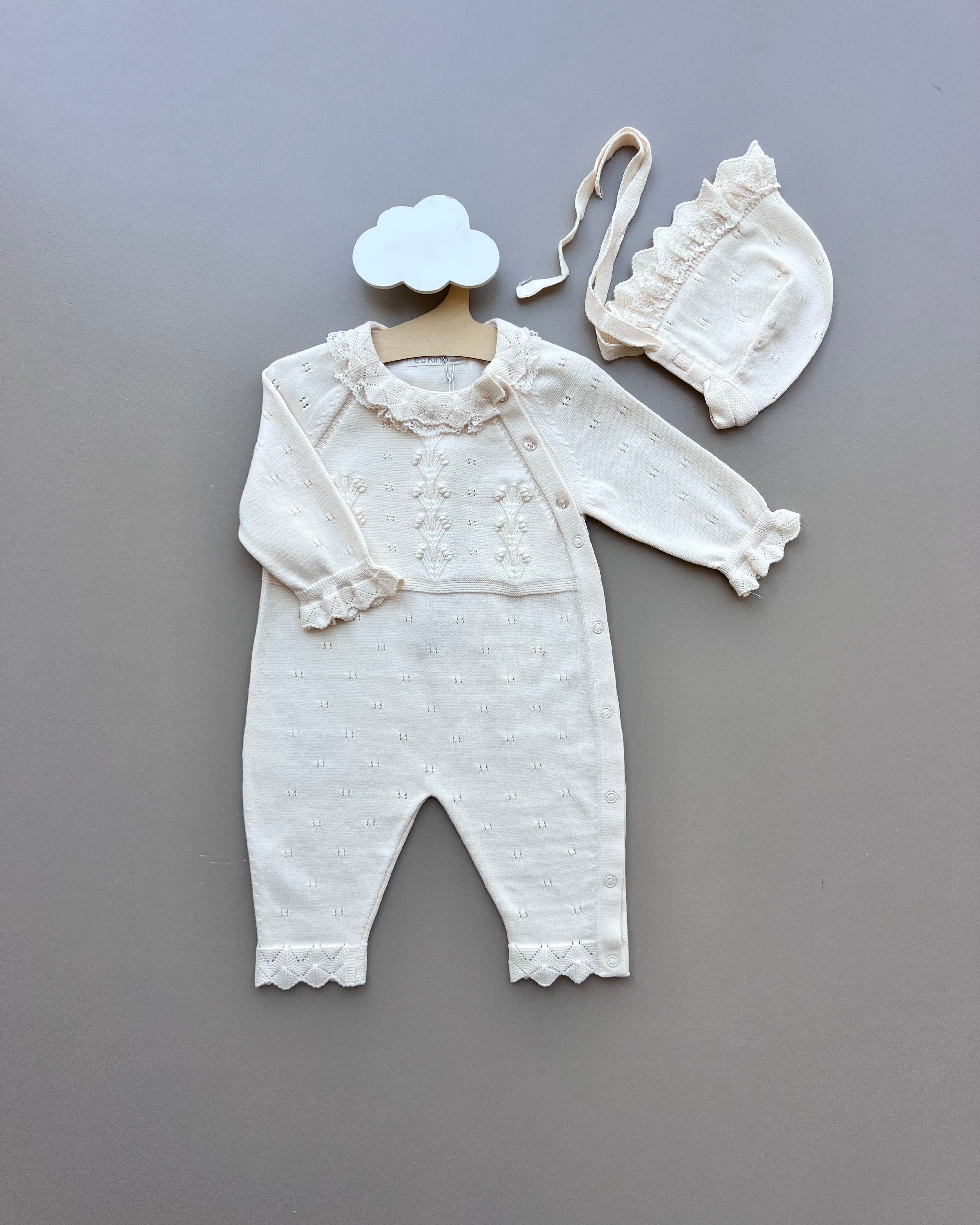 Light Beige Organic Cotton 2 Pcs Overall With Hat