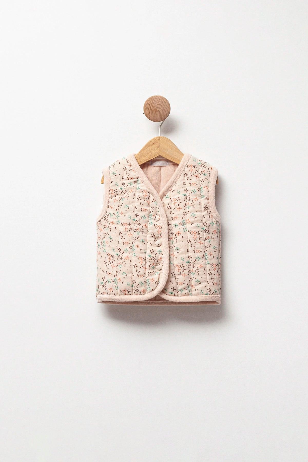Beige Muslin and Velvet Flowers Padded Vest - La Farandole Paris