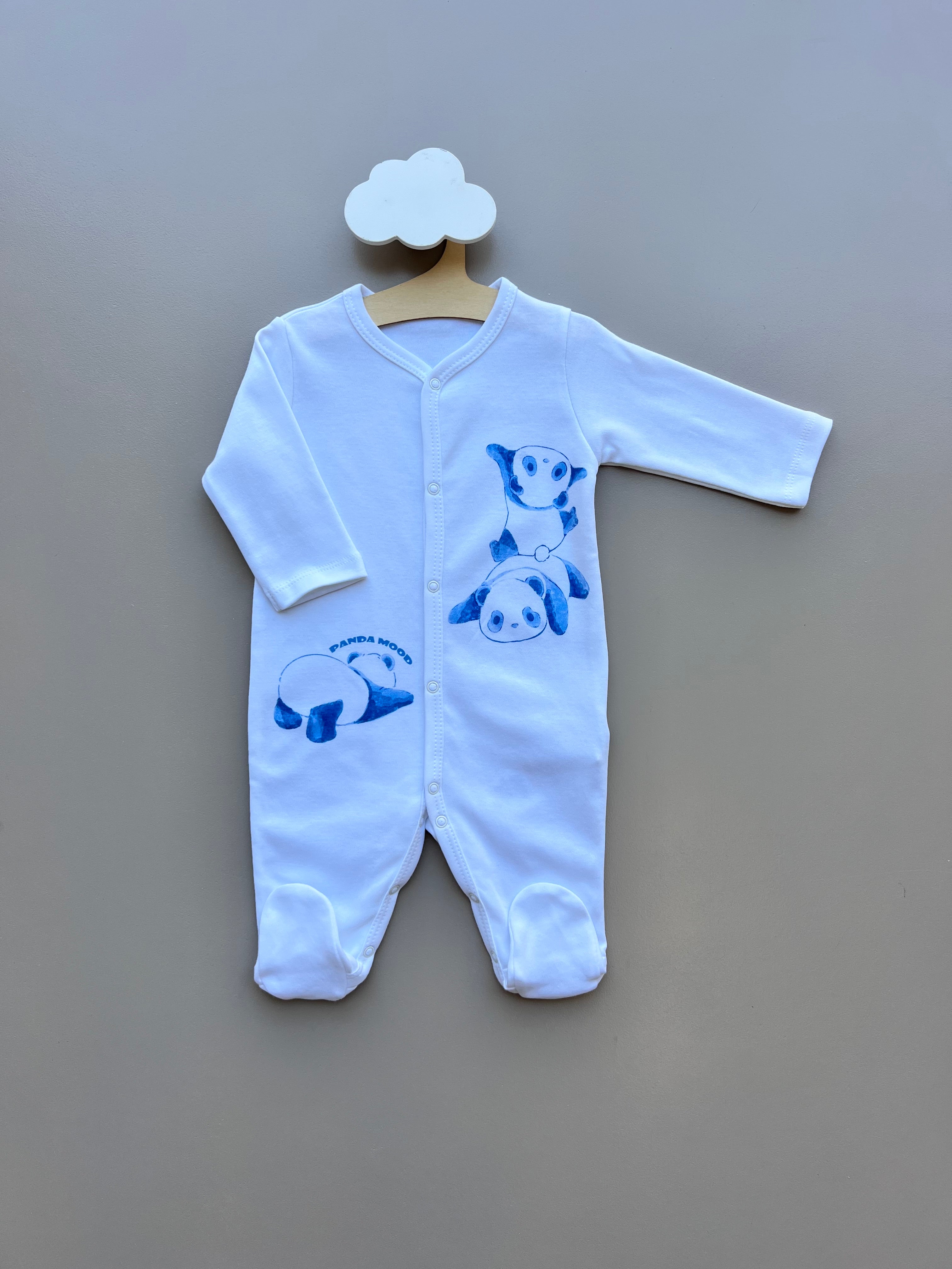 White & Blue GOTS™ Certified Organic Cotton Panda Long Sleeves Overall