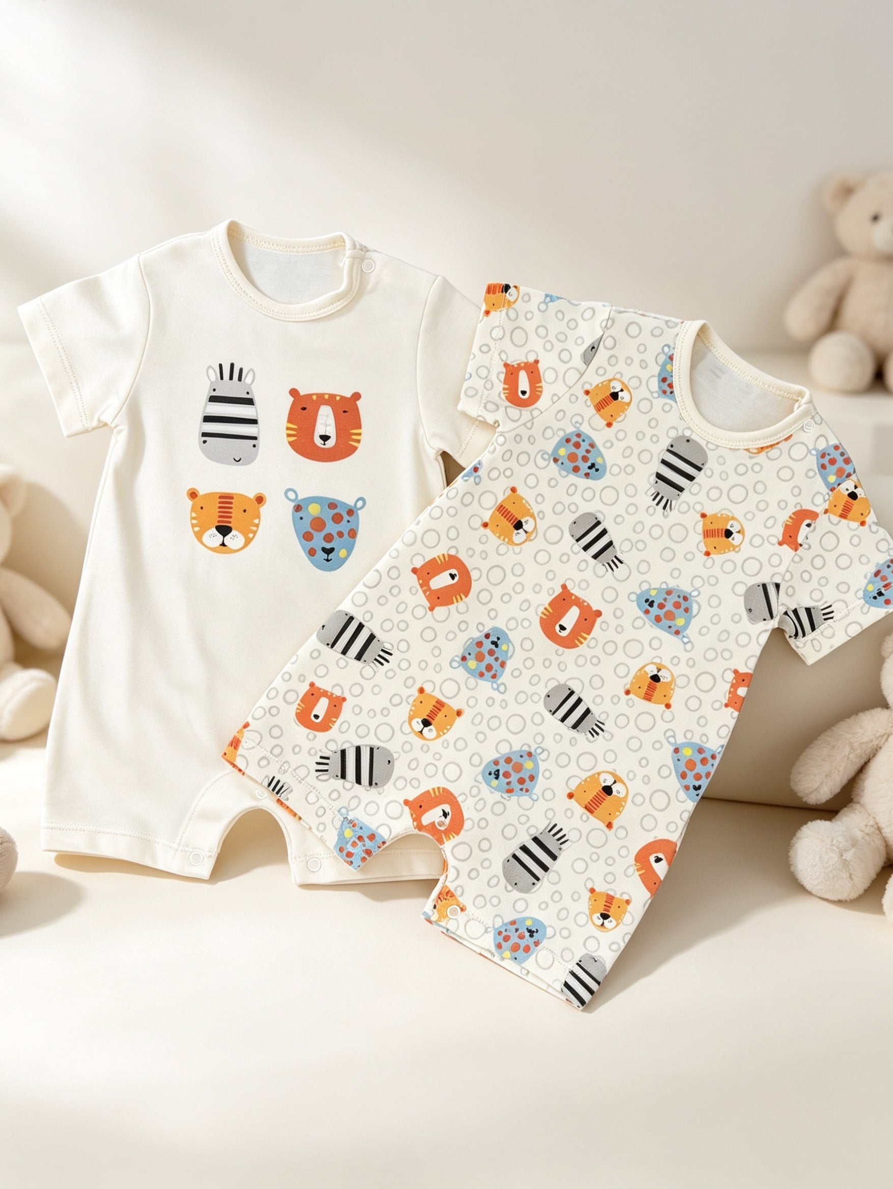 Light Beige Animals GOTS™ Certified Organic Cotton Romper 2 Pcs Pack