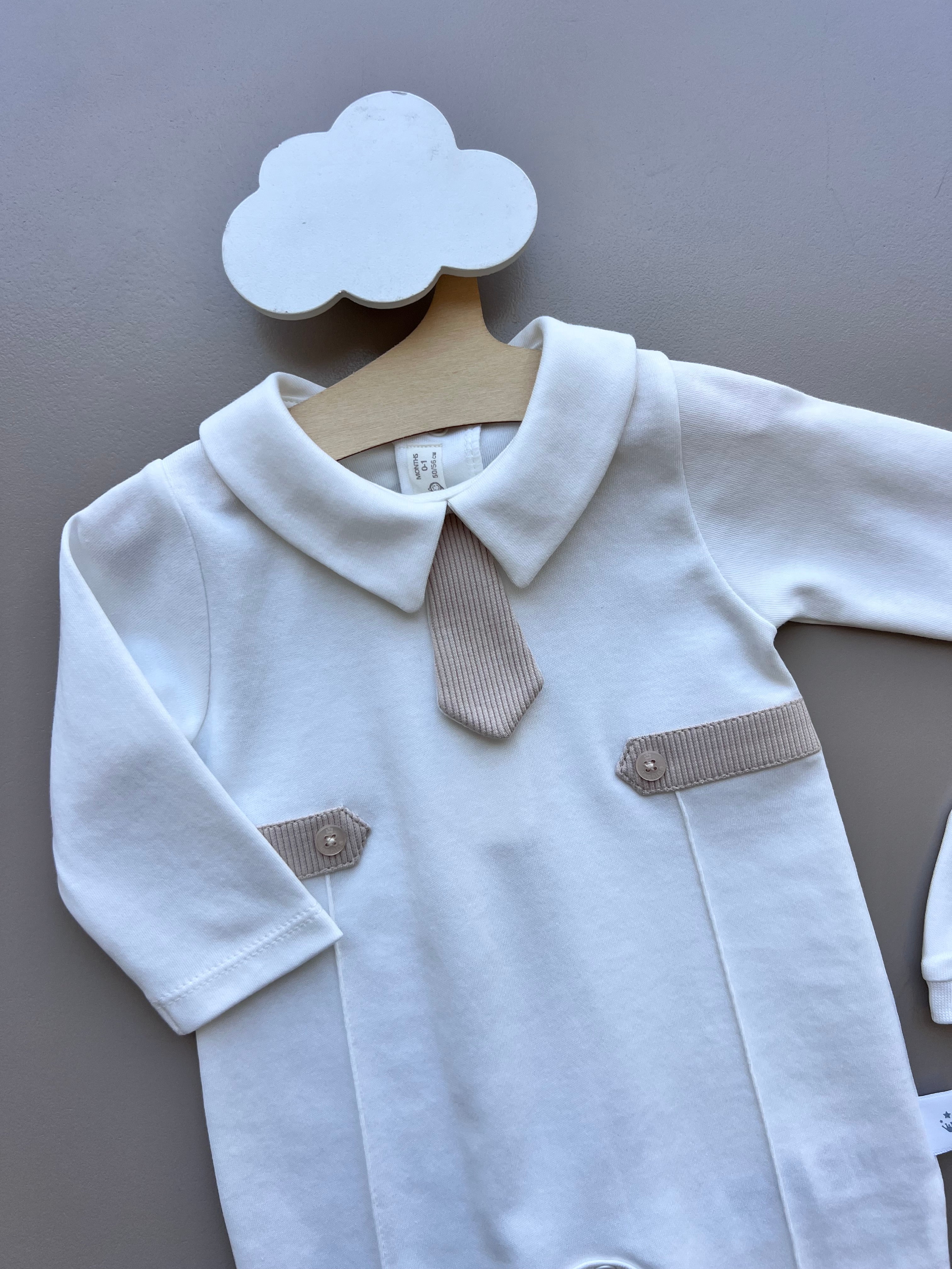 White & Beige Cravatte Organic Cotton 2 Pcs Overall With Hat