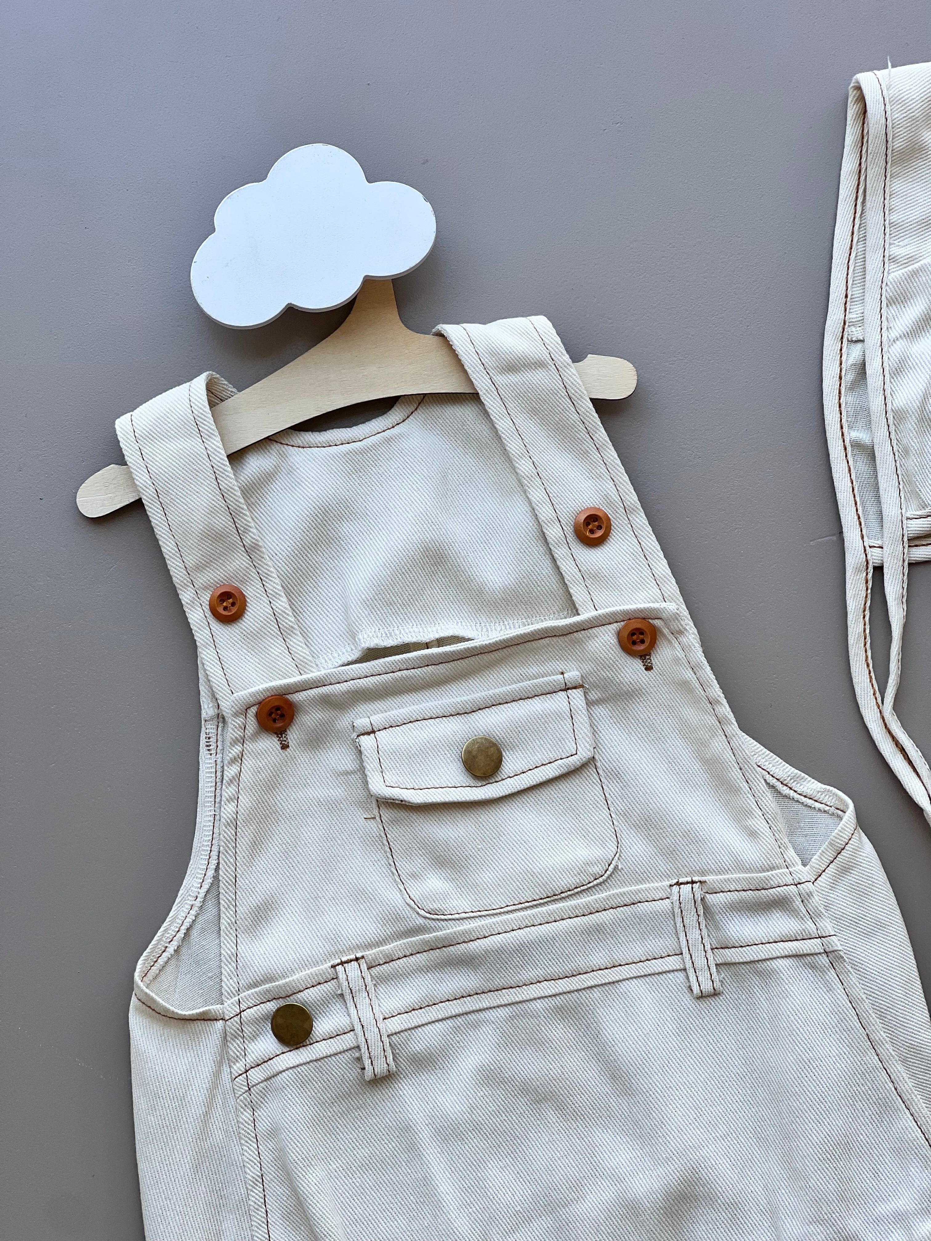 Ecru/Brown Contrast Salopettes with Hat 2Pcs Set