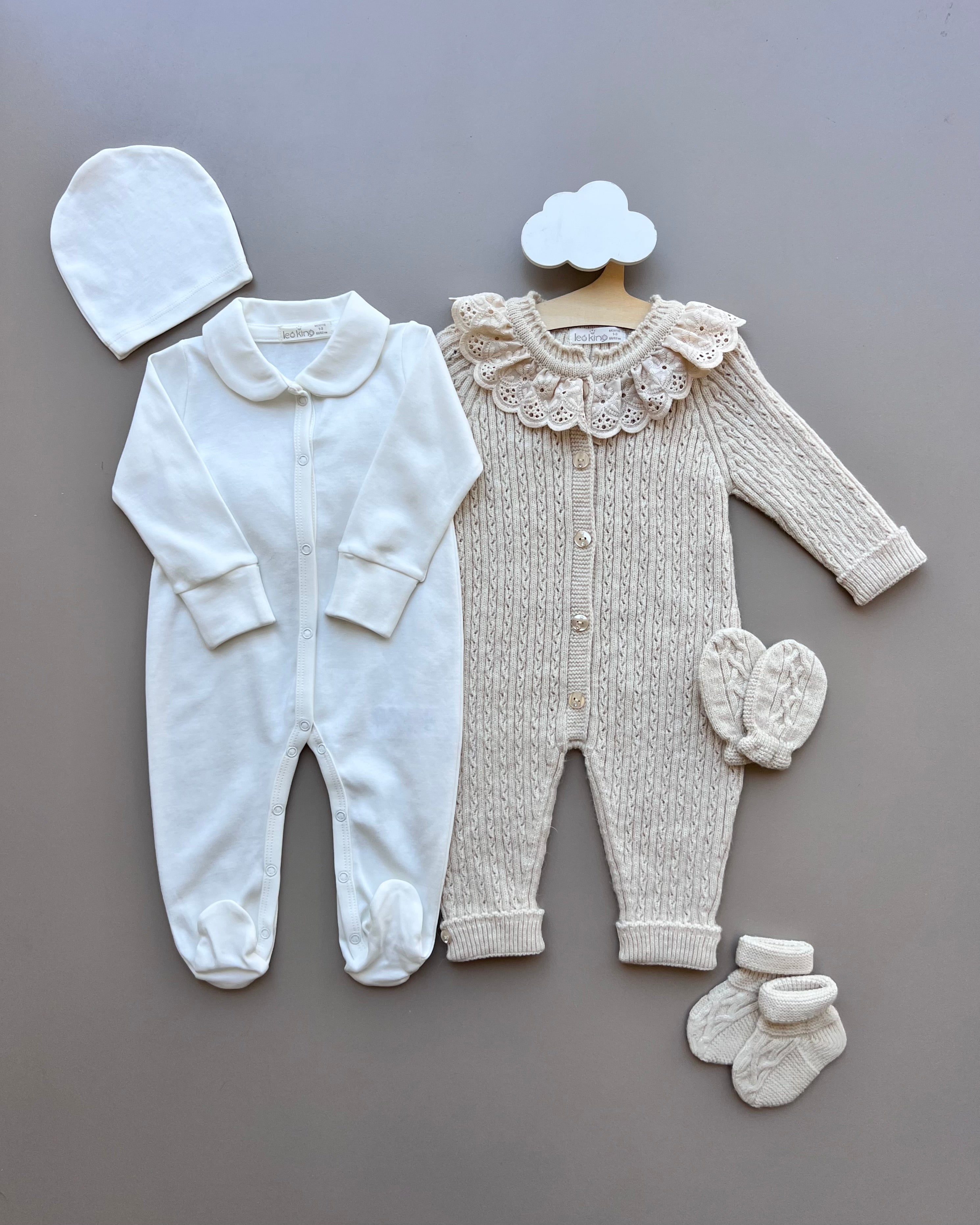 Beige Merino Wool Ruffles Hospital Set 5 Pcs