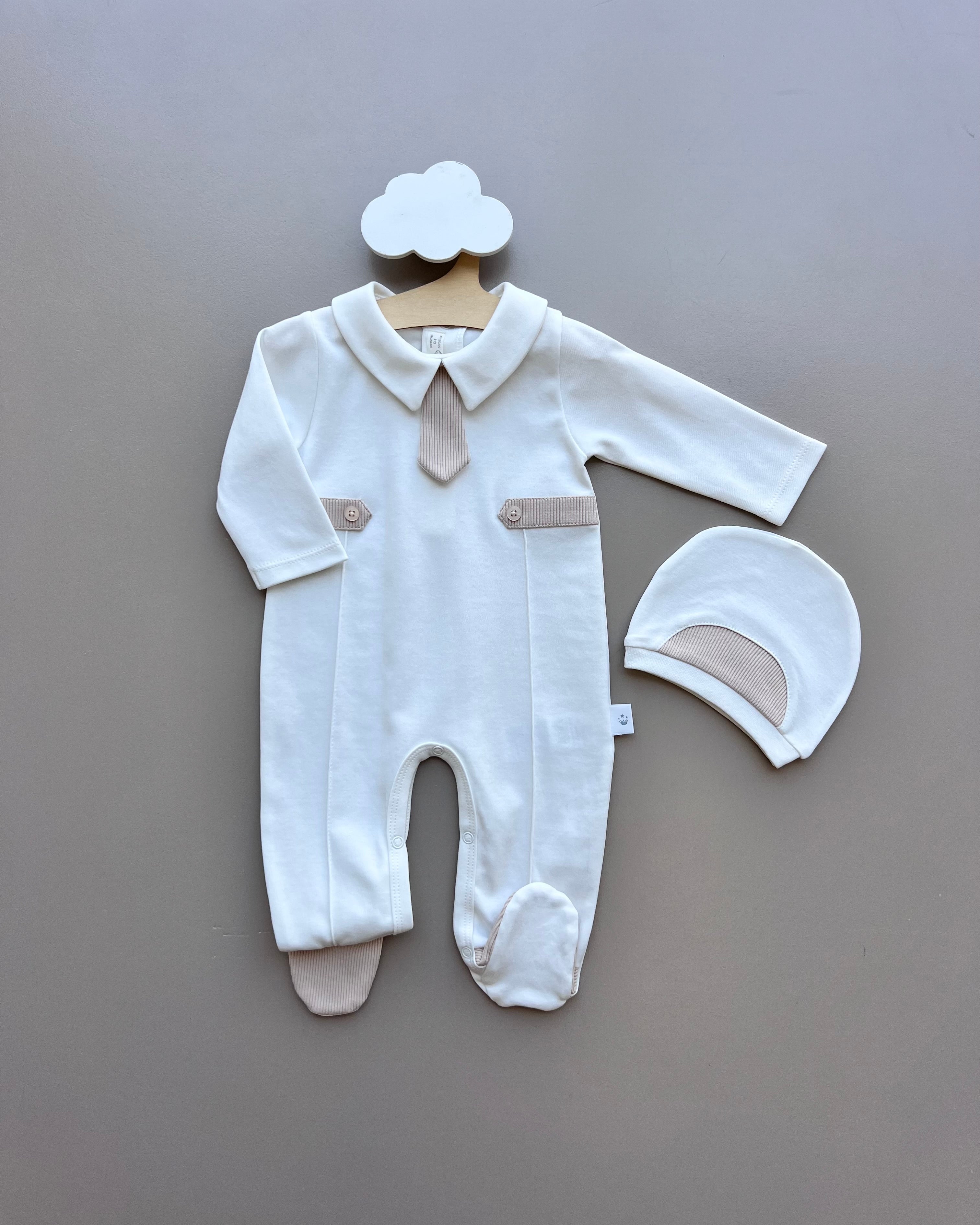 White & Beige Cravatte Organic Cotton 2 Pcs Overall With Hat