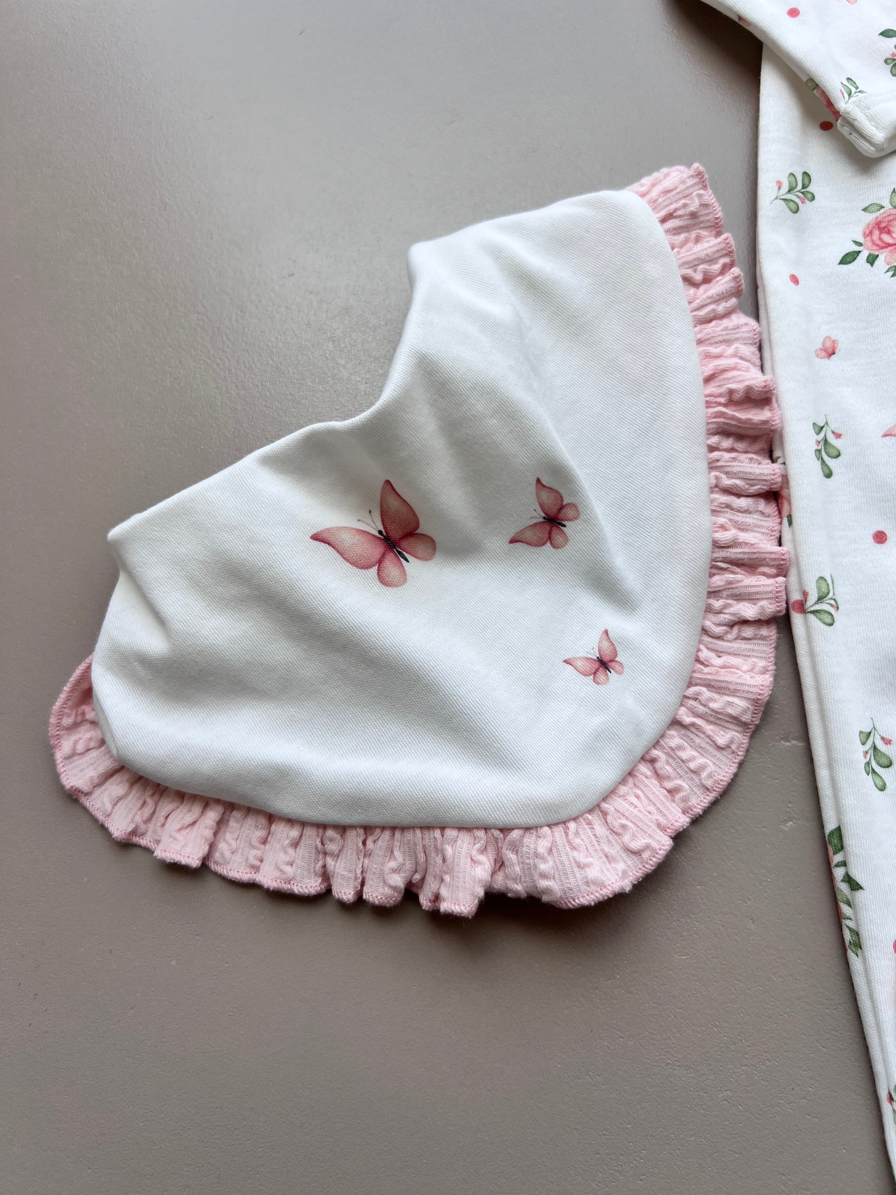 White & Pink GOTS™ Certified Organic Cotton Flowers Long Sleeves Overall 4 Pcs