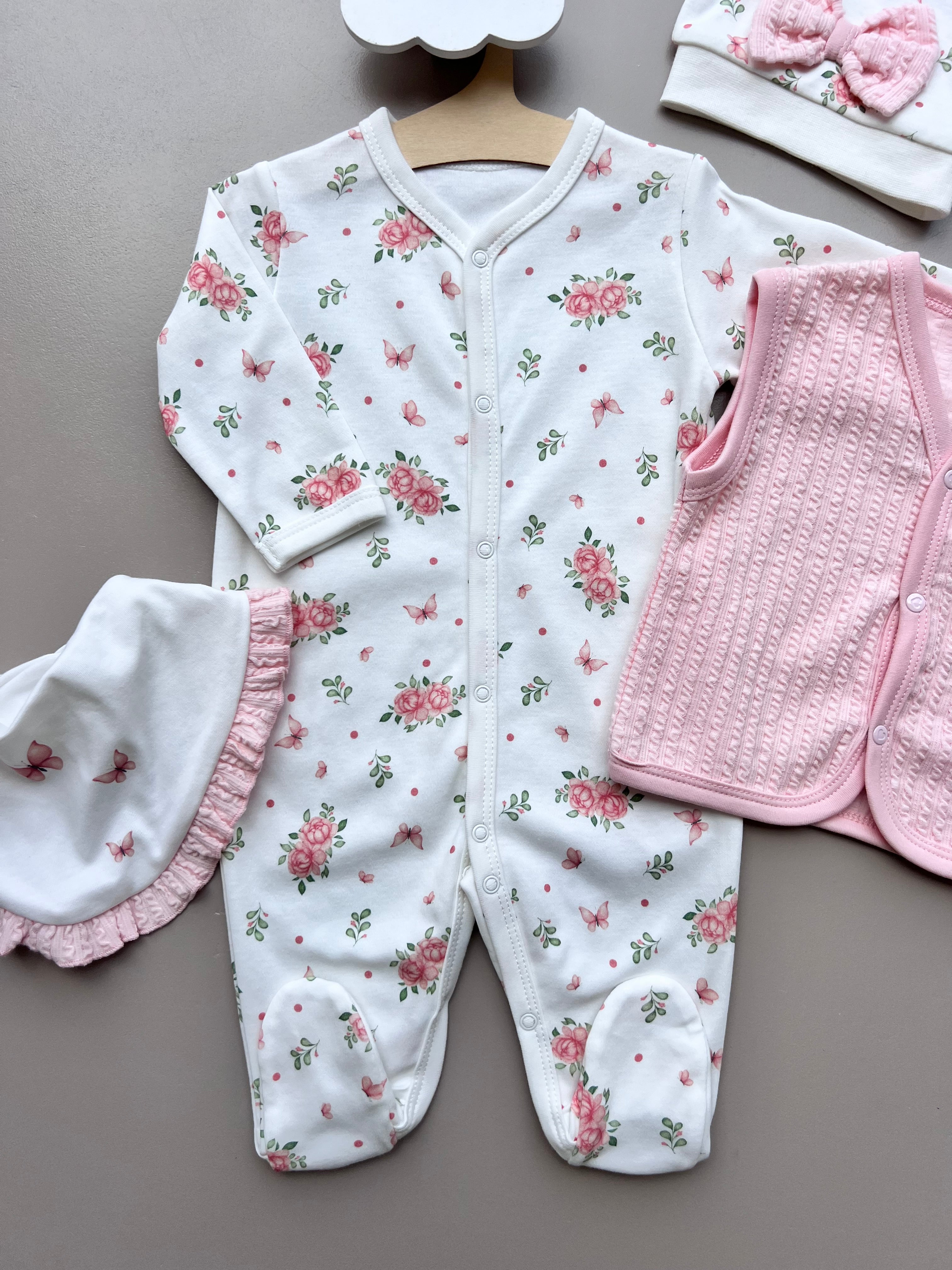 White & Pink GOTS™ Certified Organic Cotton Flowers Long Sleeves Overall 4 Pcs