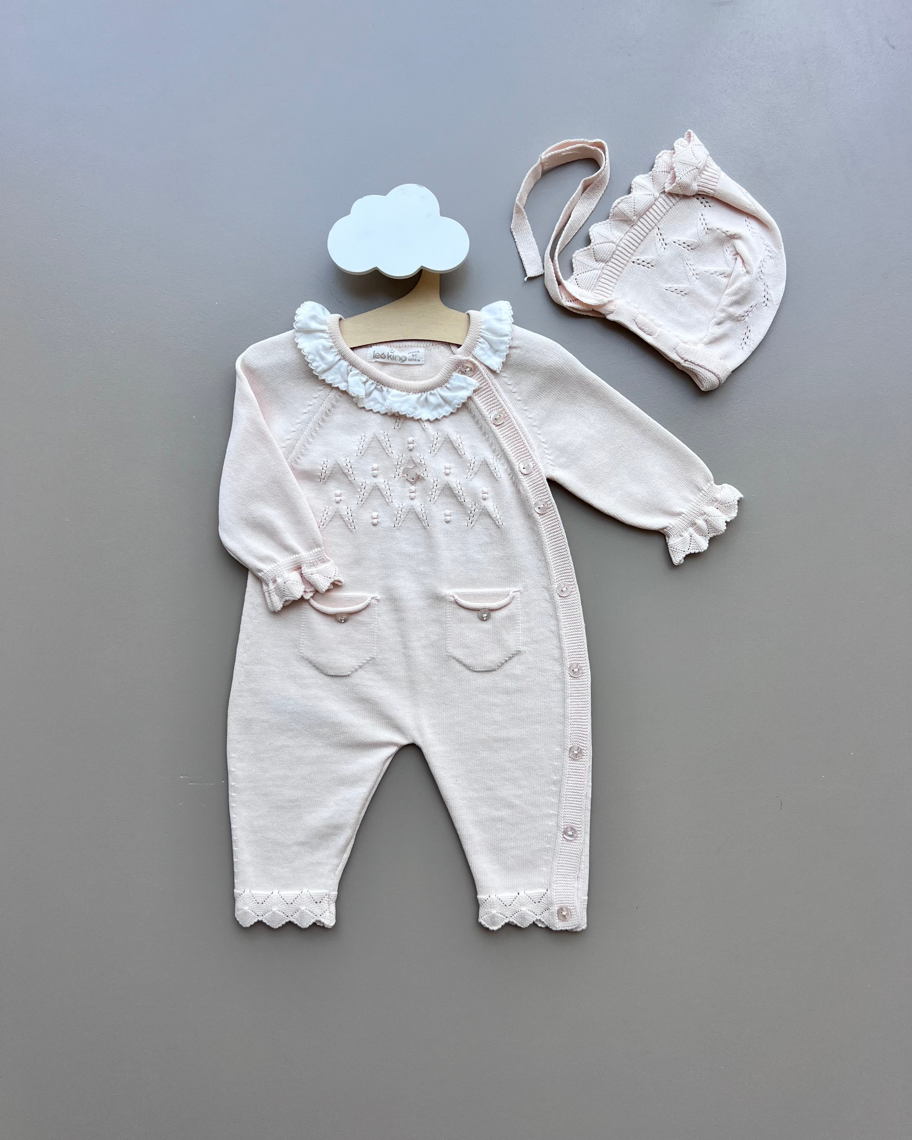 Salmon ruffles Organic Cotton 2 Pcs Overall With Hat
