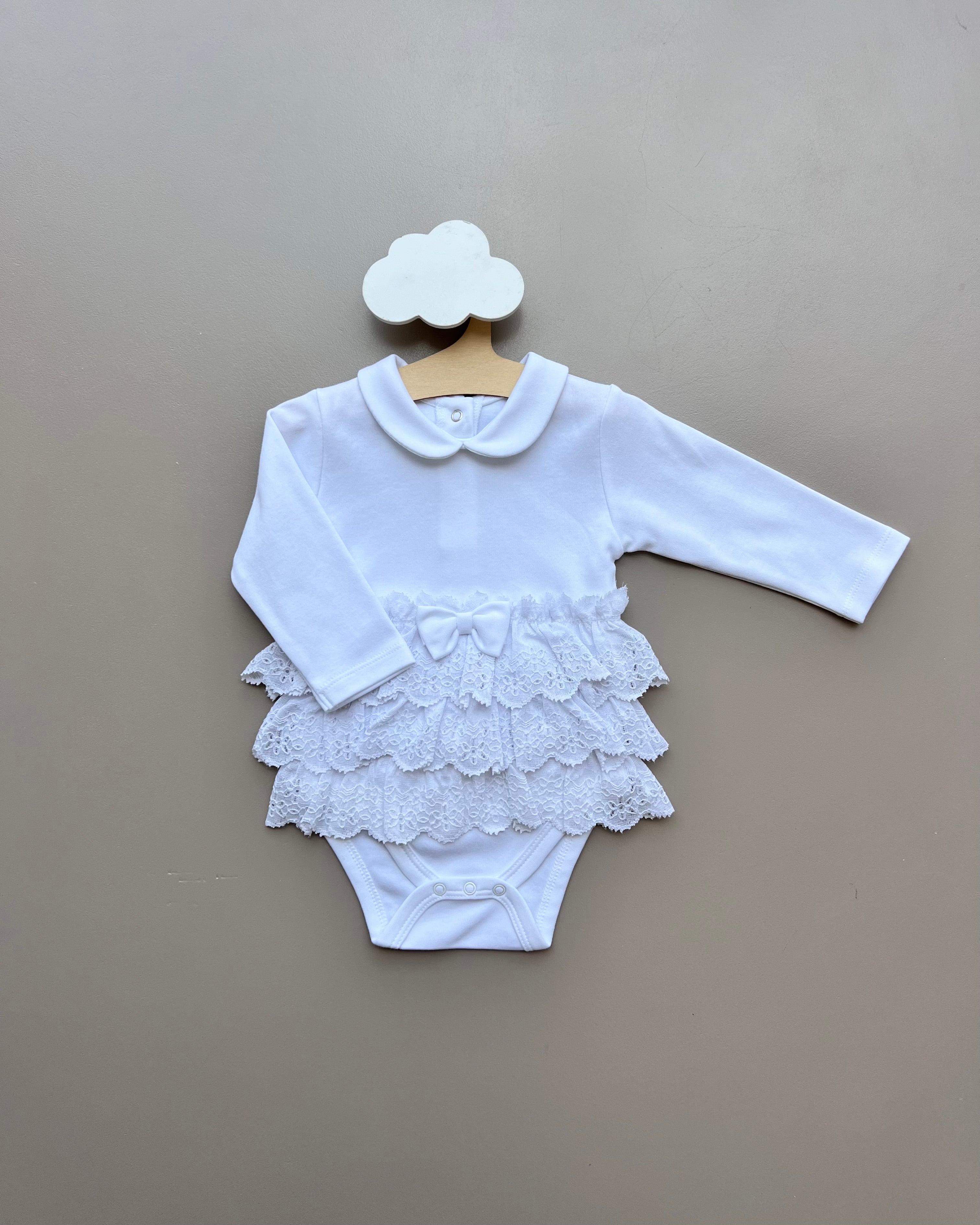 White GOTS™ Certified Organic Cotton Ruffles Long Sleeves Dress