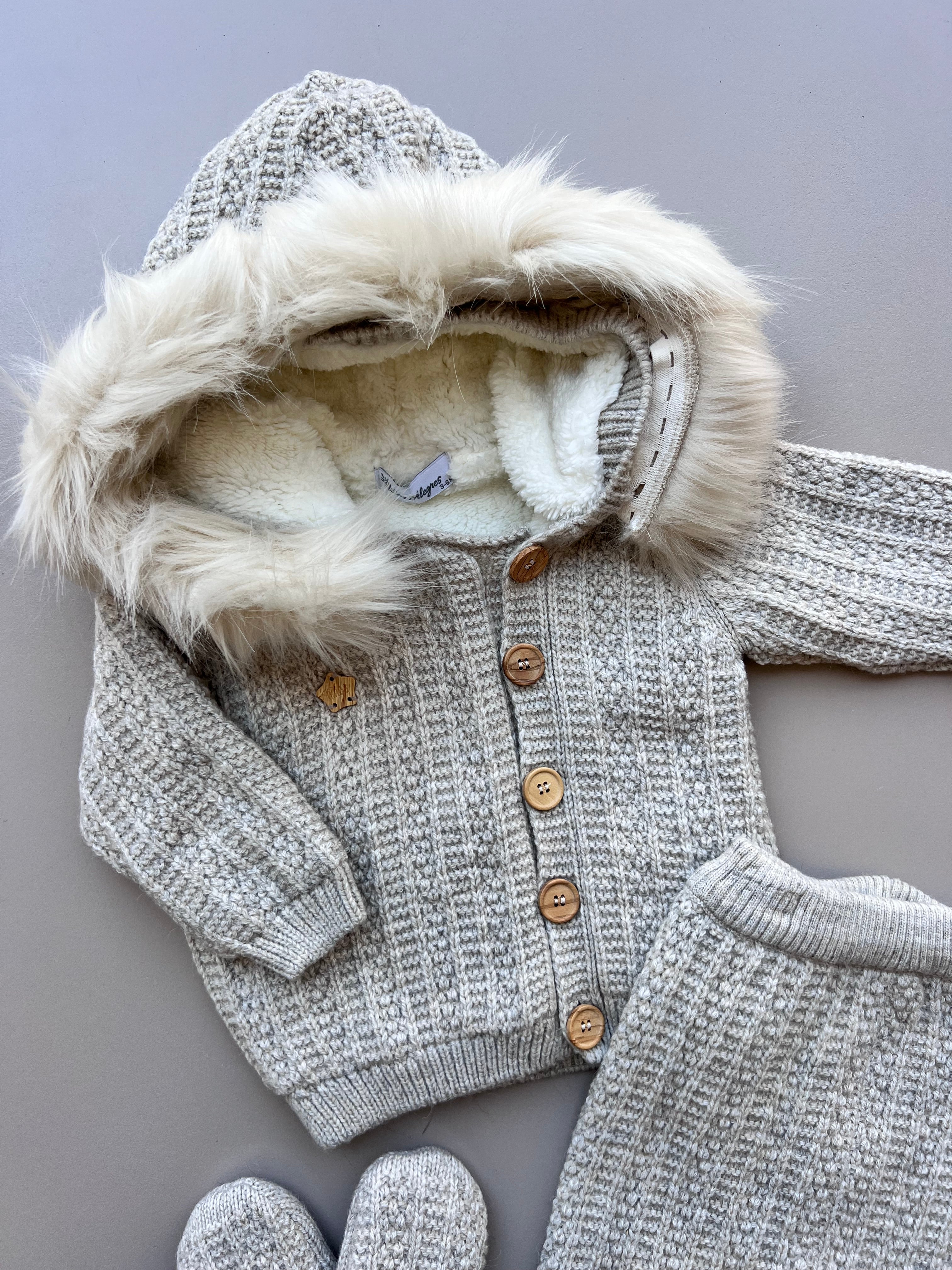 Thick Wool Fur Inside Top, Pants and Mittens 3 Pcs