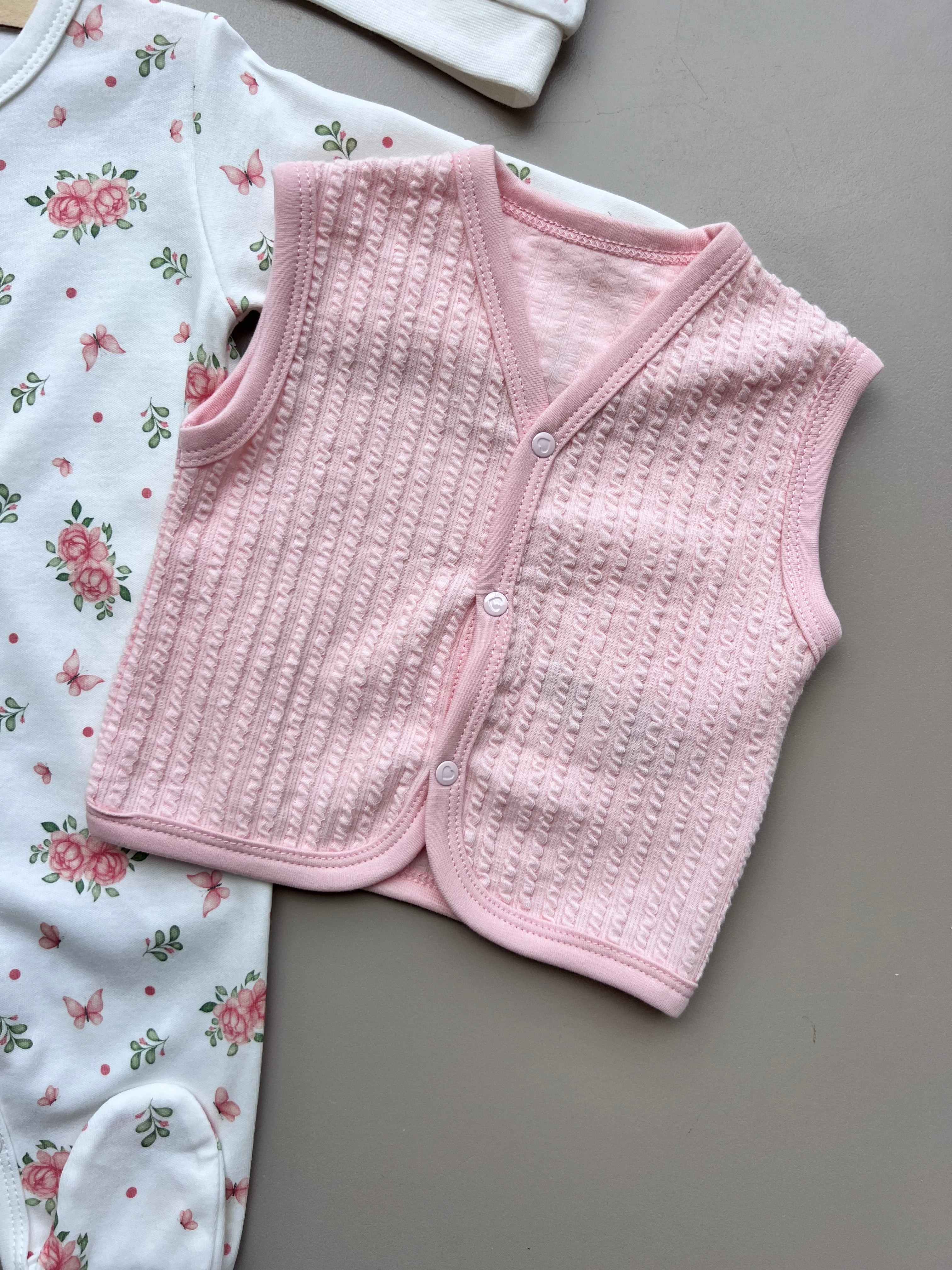 White & Pink GOTS™ Certified Organic Cotton Flowers Long Sleeves Overall 4 Pcs