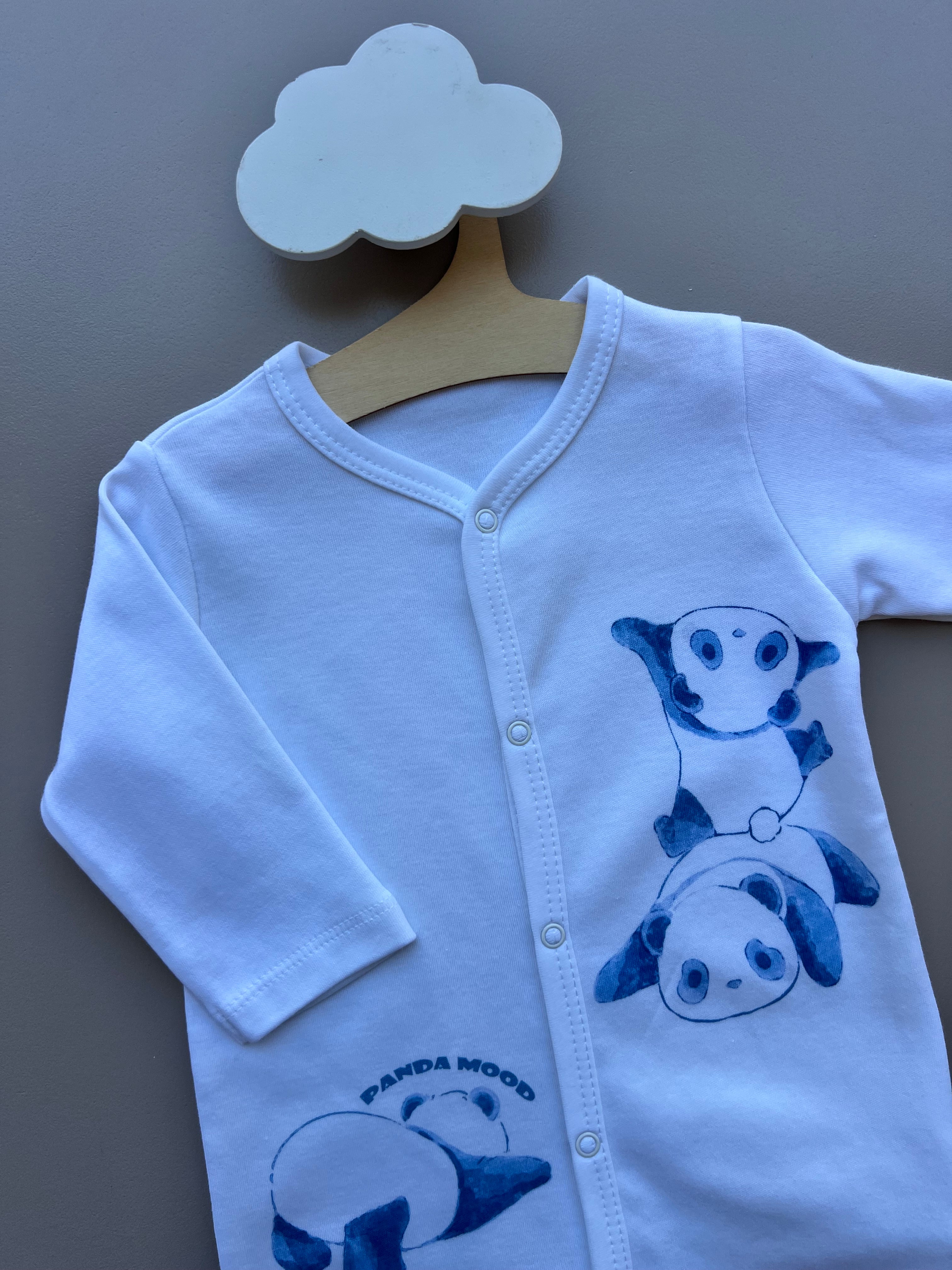 White & Blue GOTS™ Certified Organic Cotton Panda Long Sleeves Overall