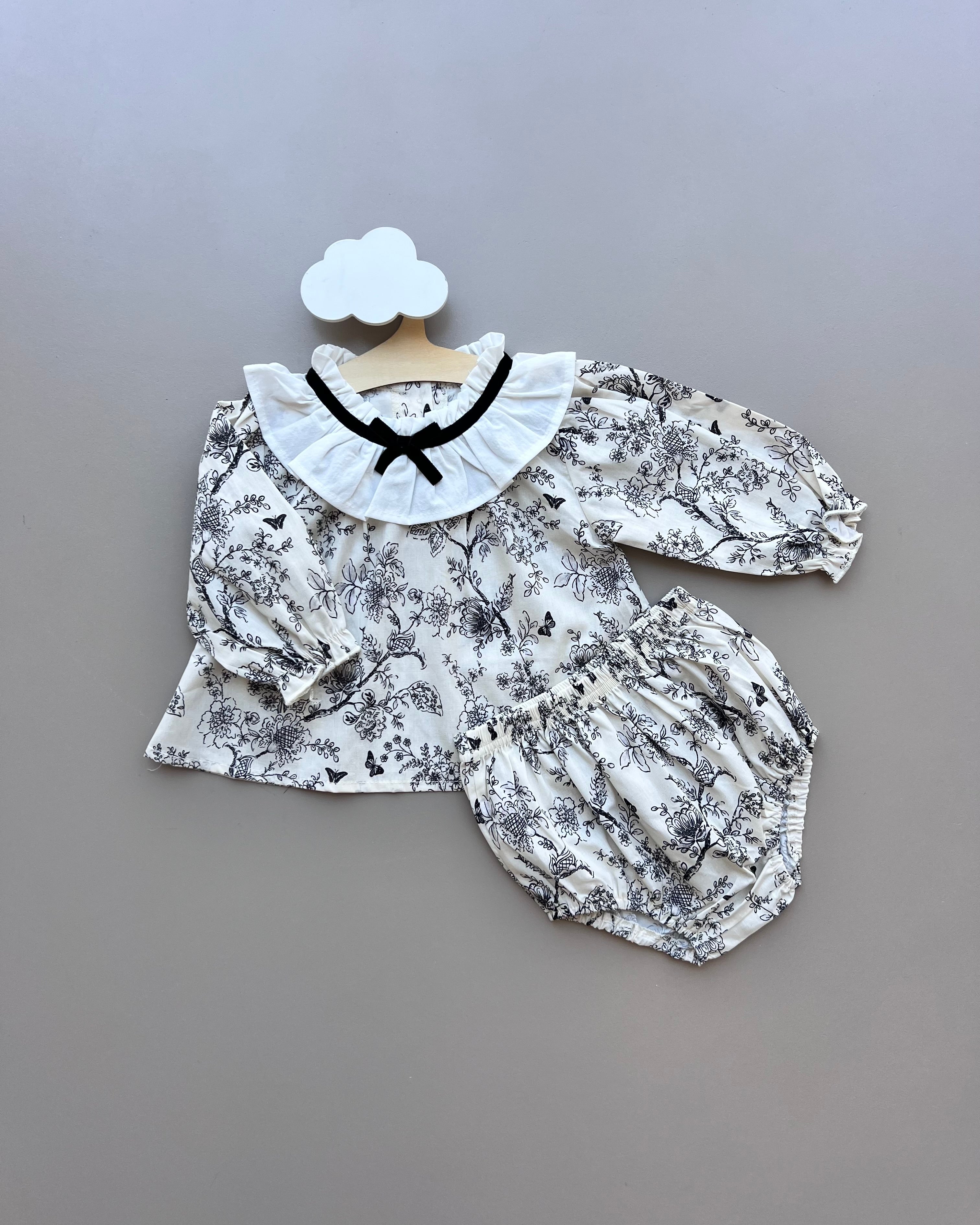 Ecru and Black Vintage Shirt 2pcs Set