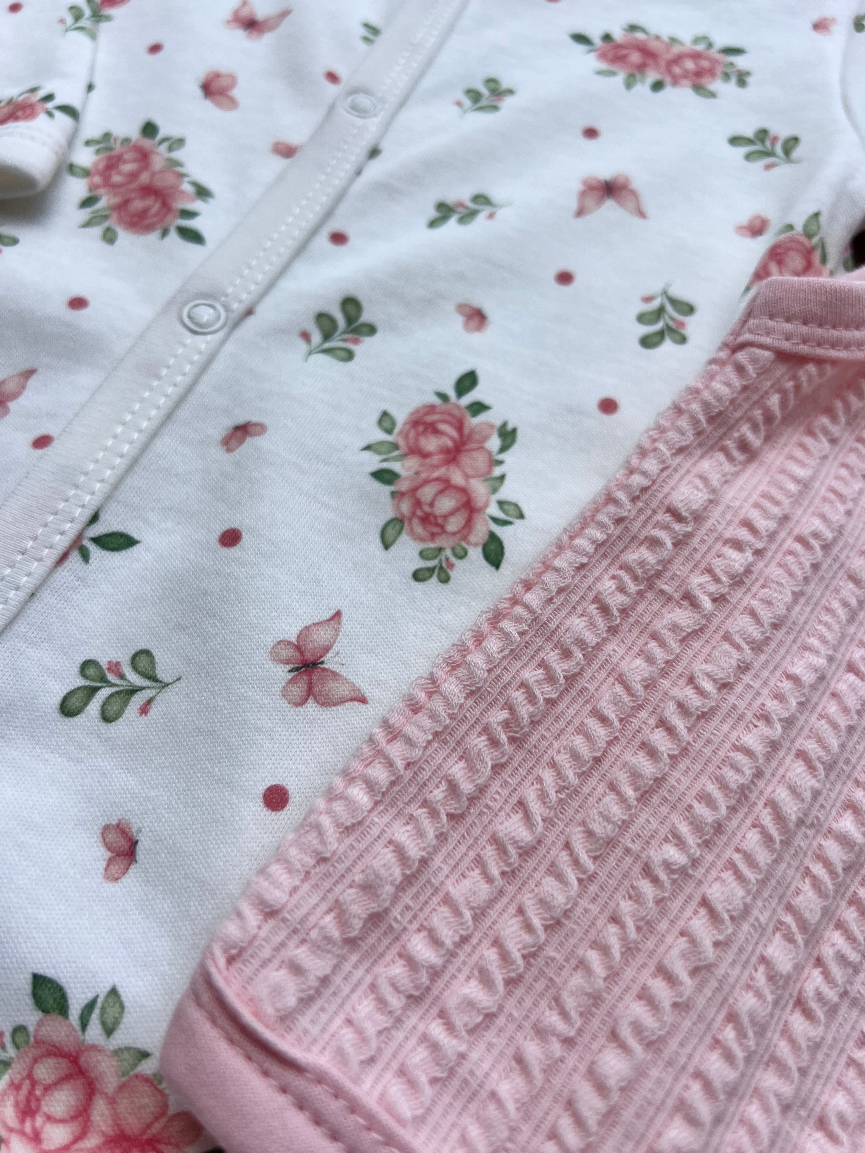 White & Pink GOTS™ Certified Organic Cotton Flowers Long Sleeves Overall 4 Pcs