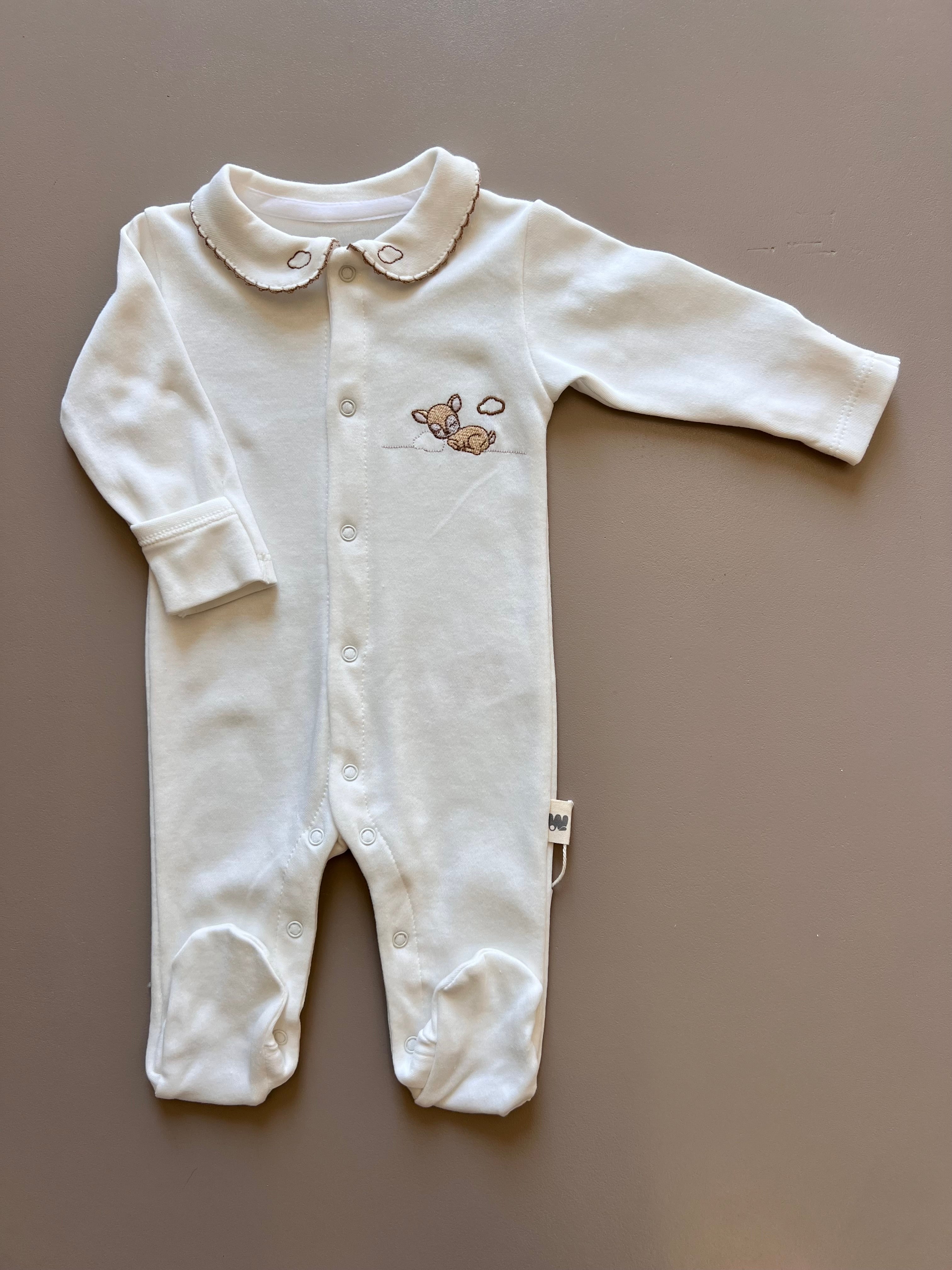 Off-White Long Sleeve & Brown Collar Footed Overall