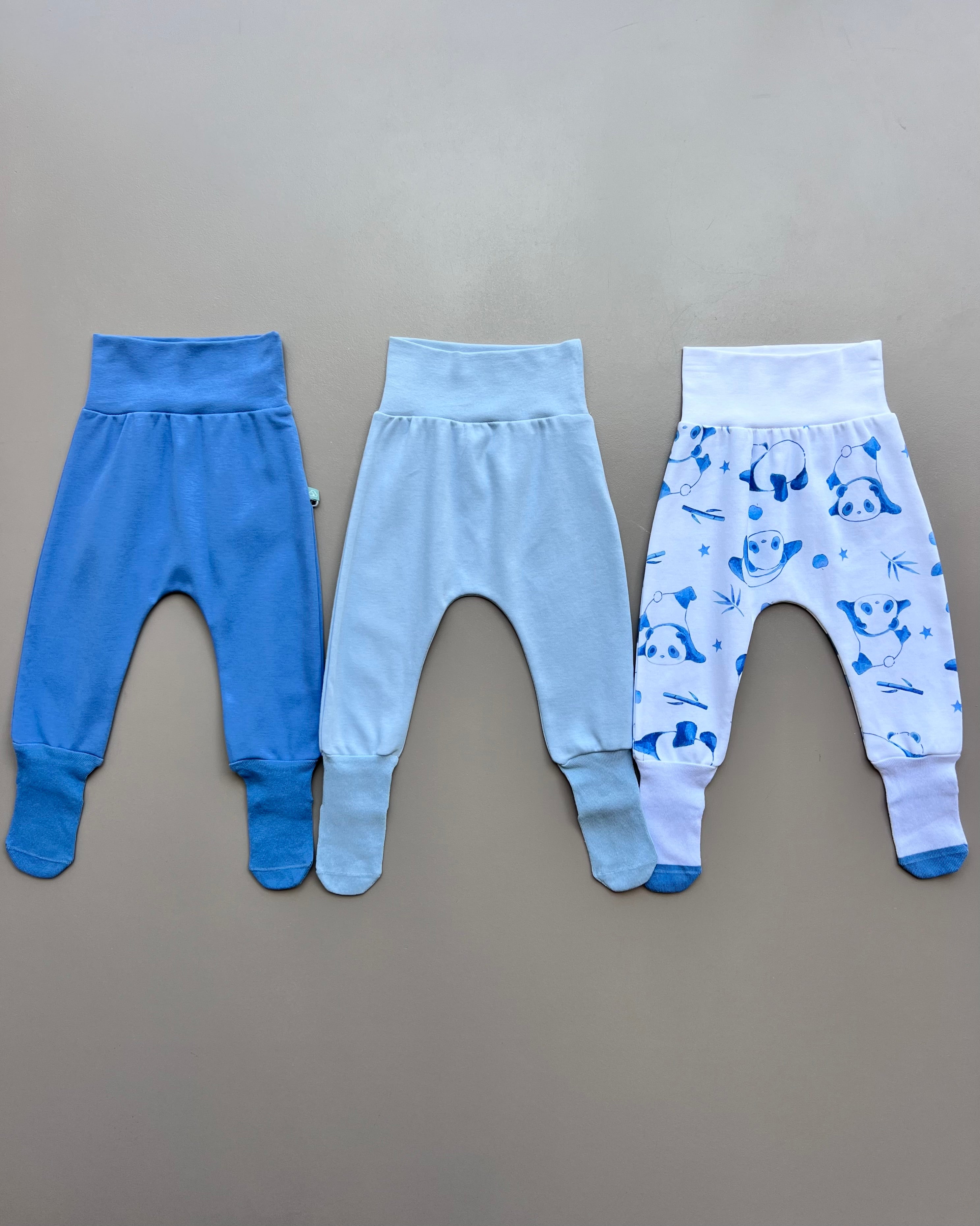 Blue & White GOTS™ Certified Organic Cotton Panda Footed Pants 3 Pcs Set