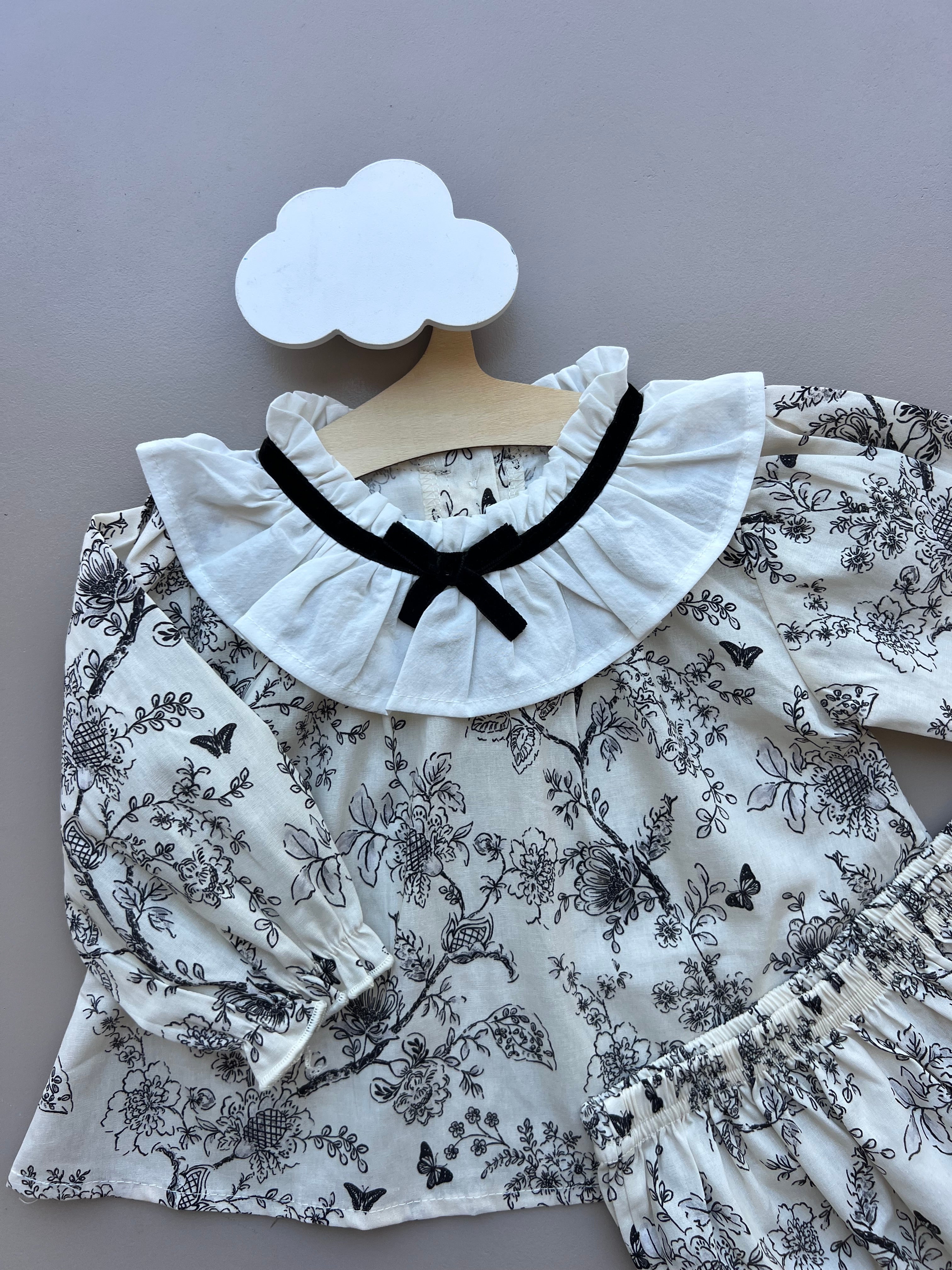 Ecru and Black Vintage Shirt 2pcs Set