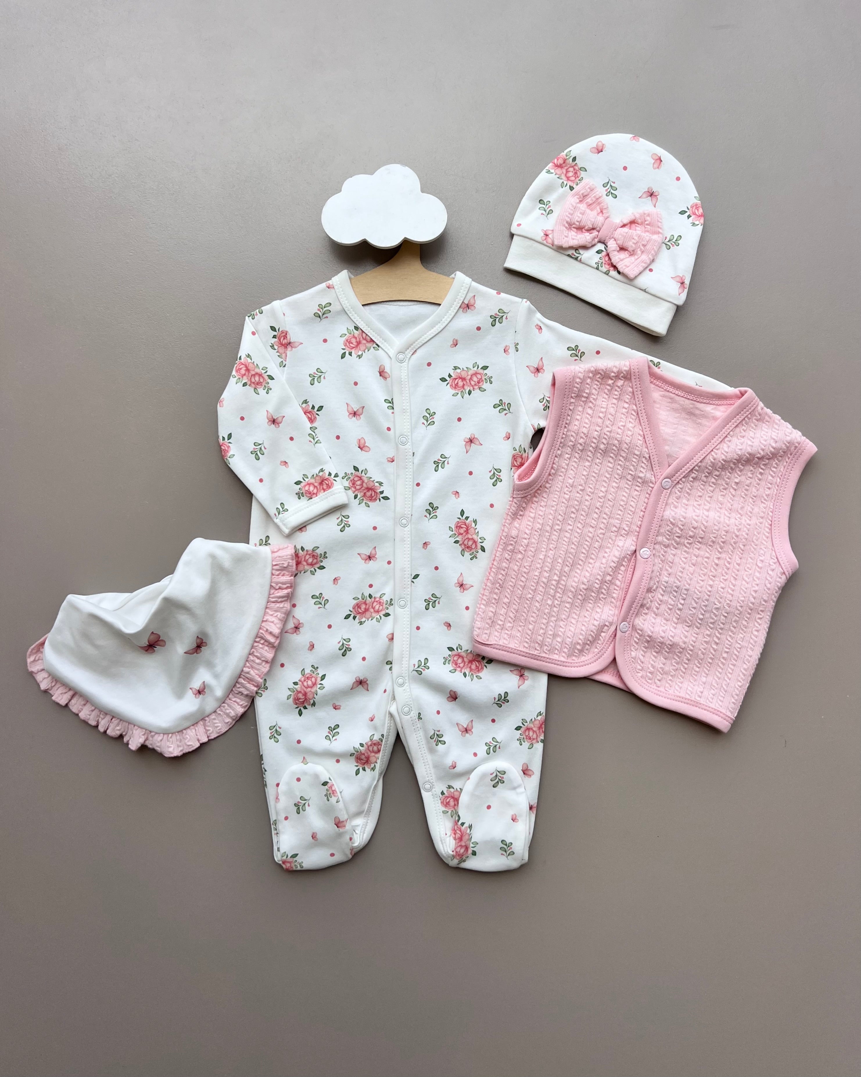 White & Pink GOTS™ Certified Organic Cotton Flowers Long Sleeves Overall 4 Pcs