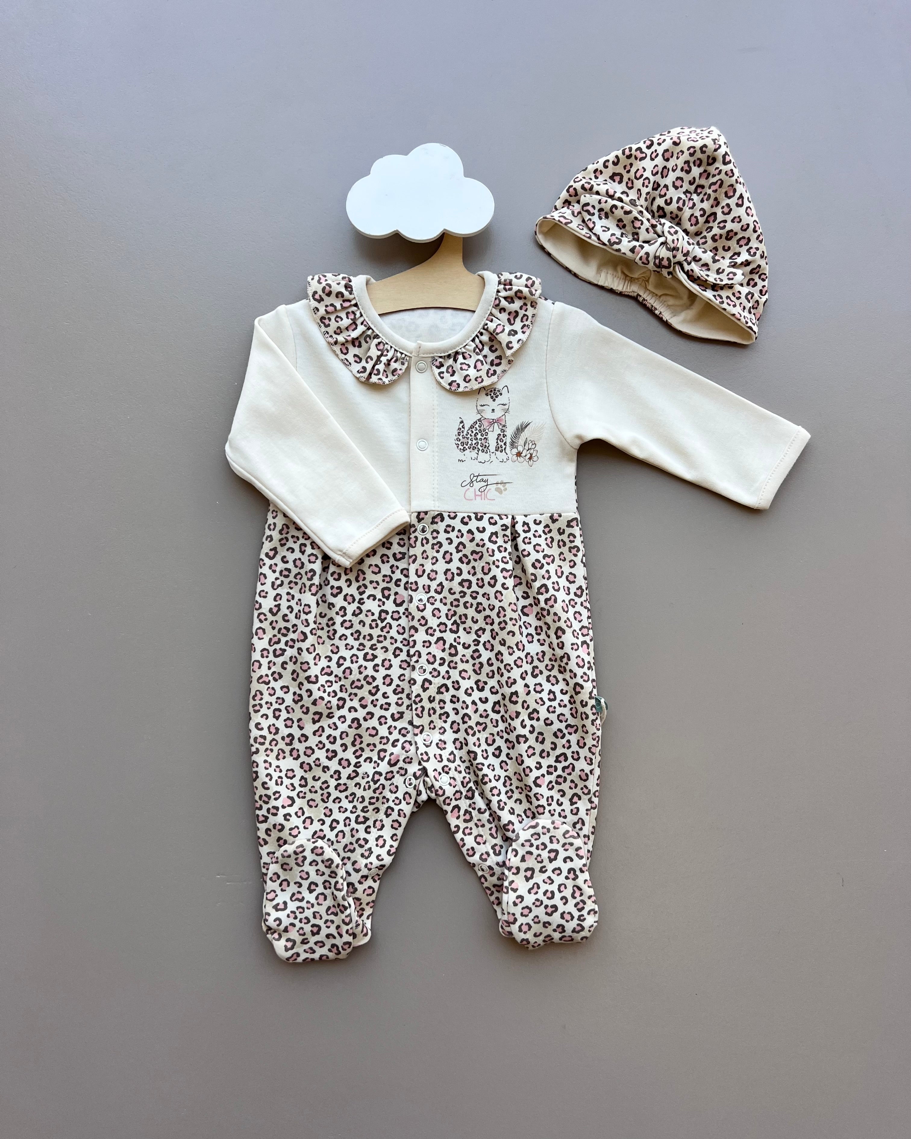 Beige & Pink GOTS™ Certified Organic Cotton Leopard Long Sleeves Overall 2Pcs