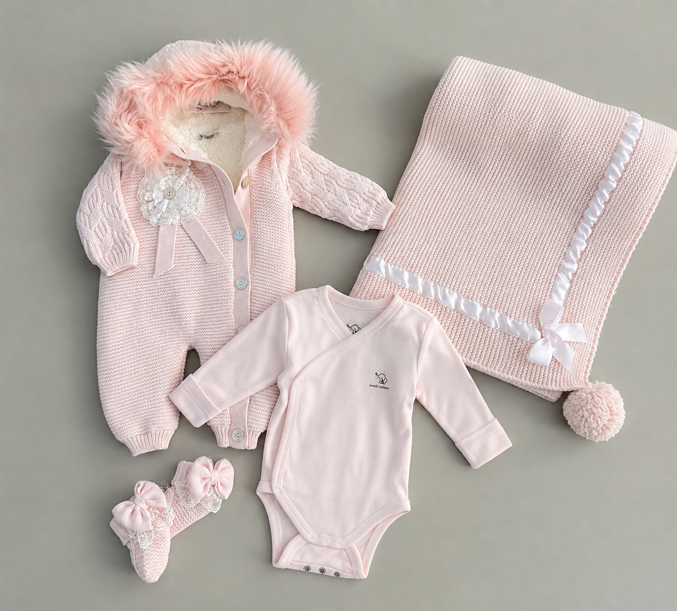 EAC Organic cotton Pink Fleece & Fur Thick Hospital Set 4 Pcs