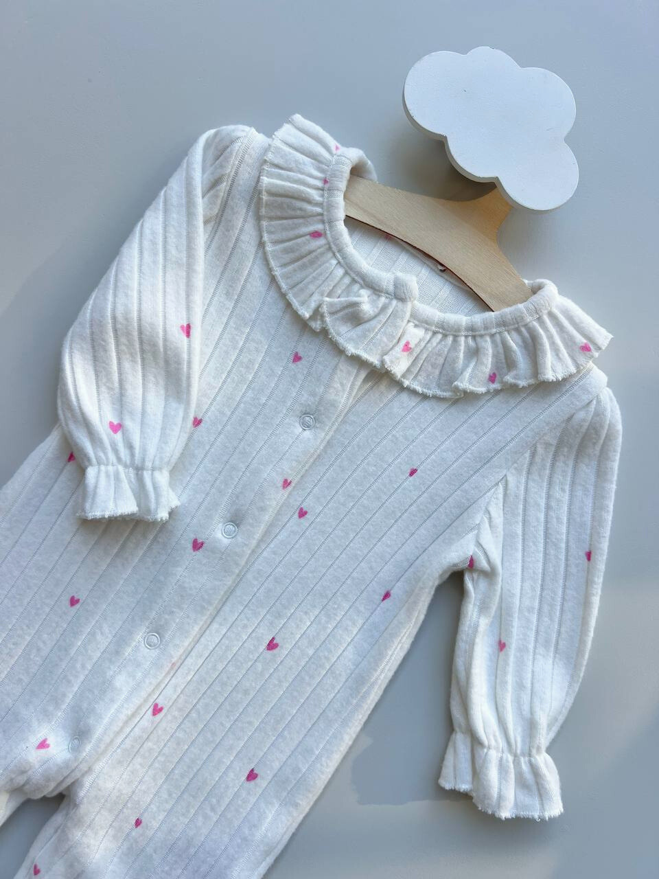 Off White Soft Velvet Heart Ruffles Footed Overall