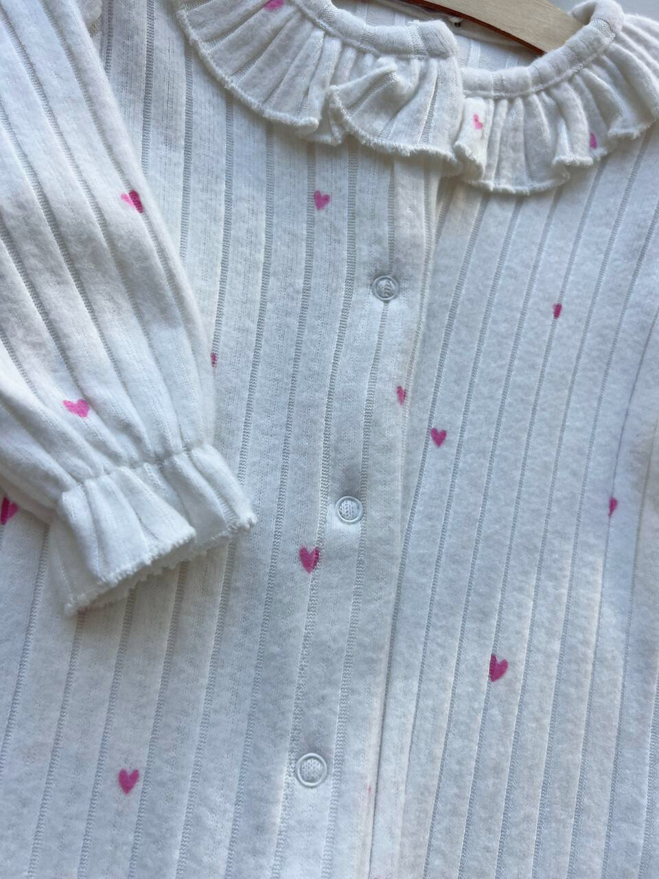Off White Soft Velvet Heart Ruffles Footed Overall
