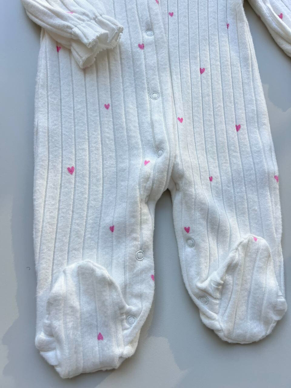 Off White Soft Velvet Heart Ruffles Footed Overall
